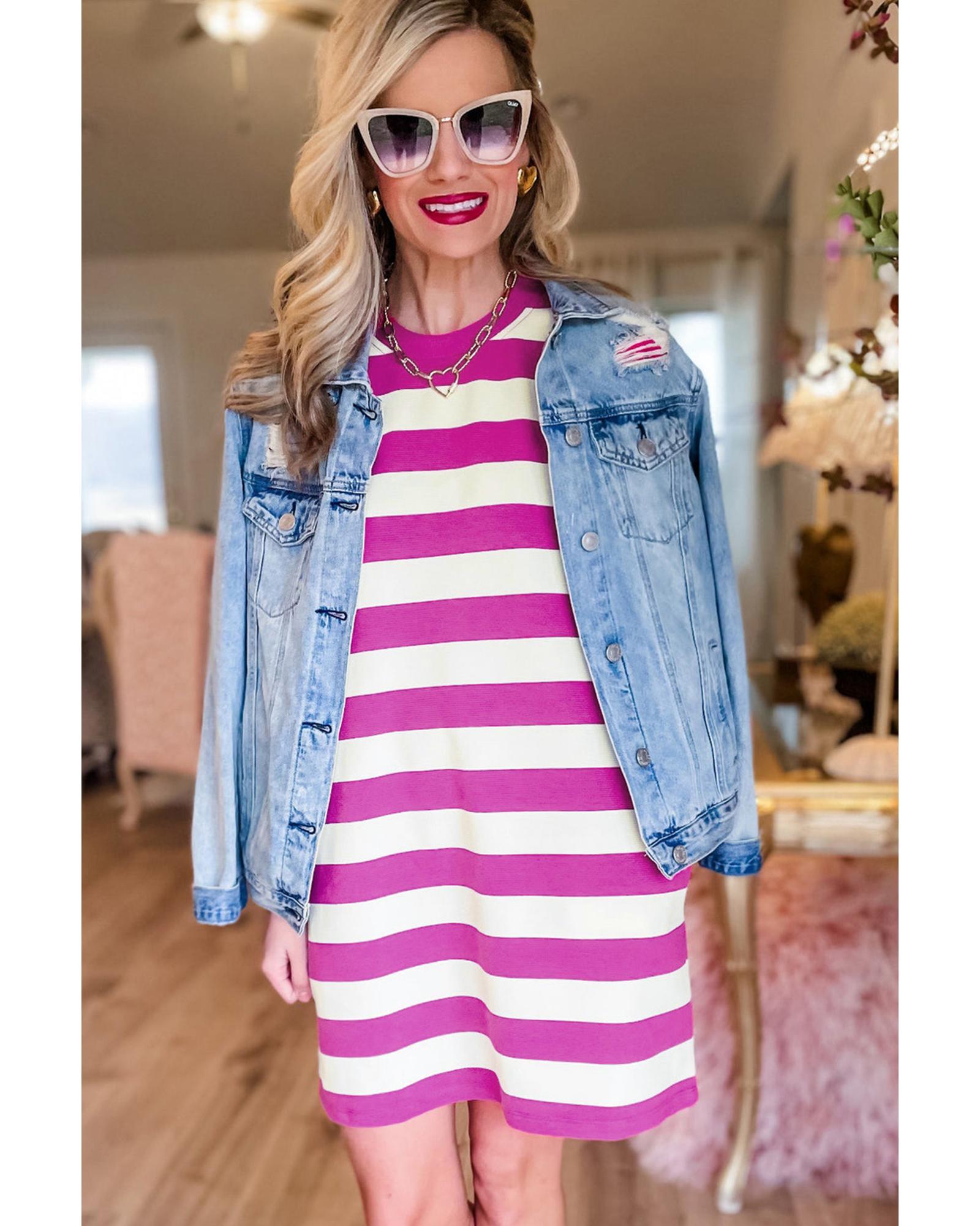 Rose Stripe Cap Sleeve Pocketed Shift T-shirt Dress - M 6