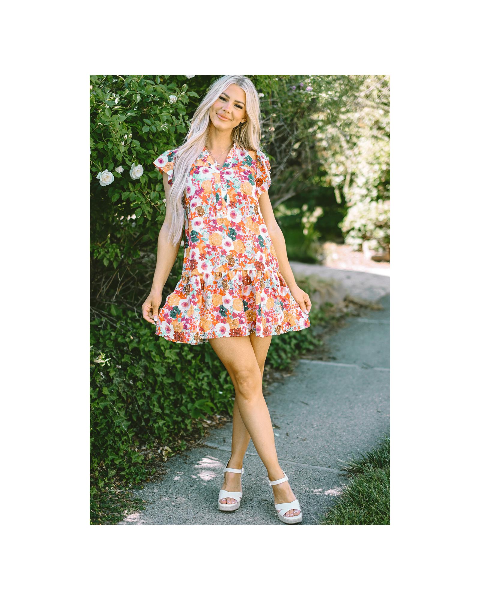 Purple Floral Print Split Neck Flutter Sleeve Dress - M