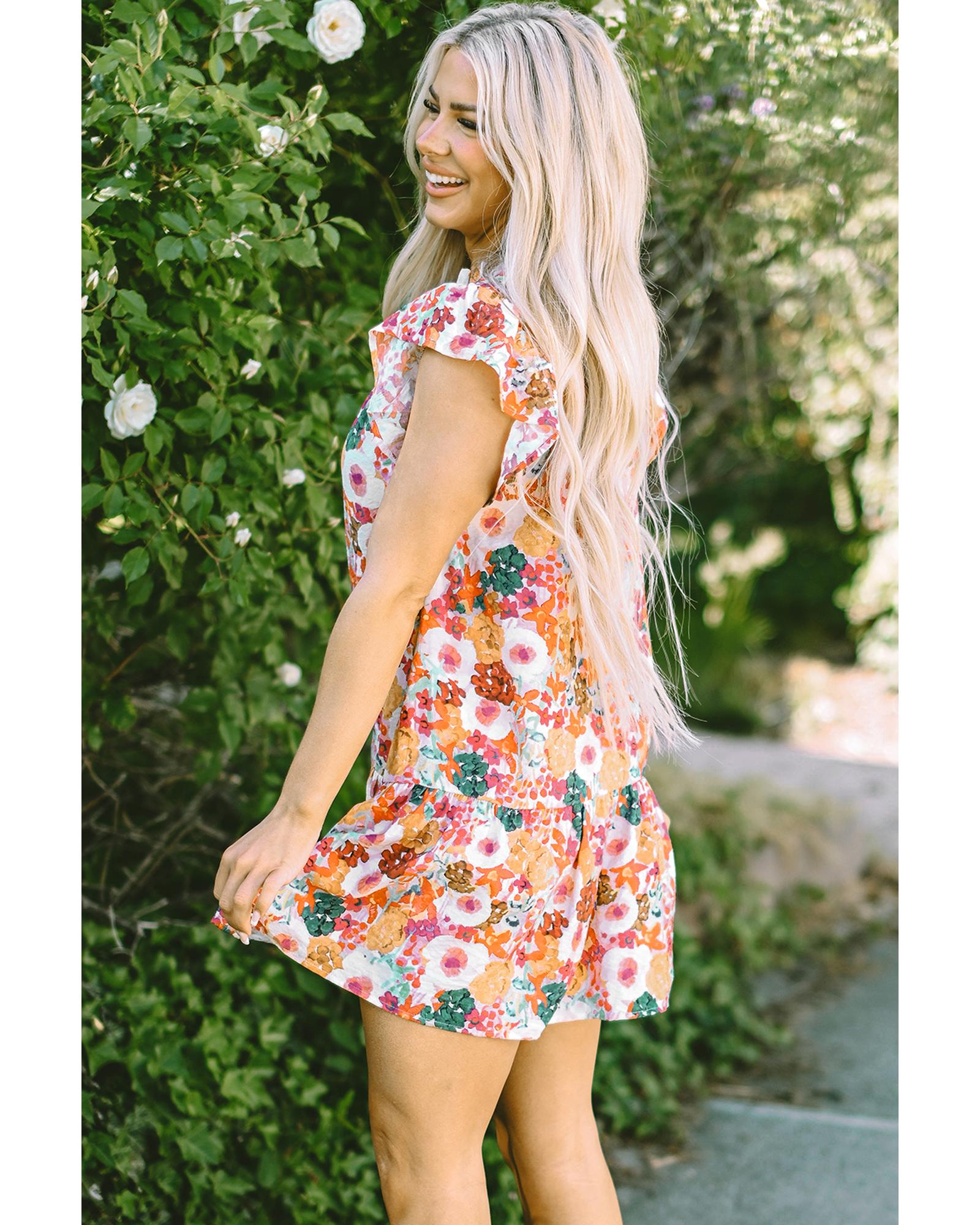 Purple Floral Print Split Neck Flutter Sleeve Dress - M 4