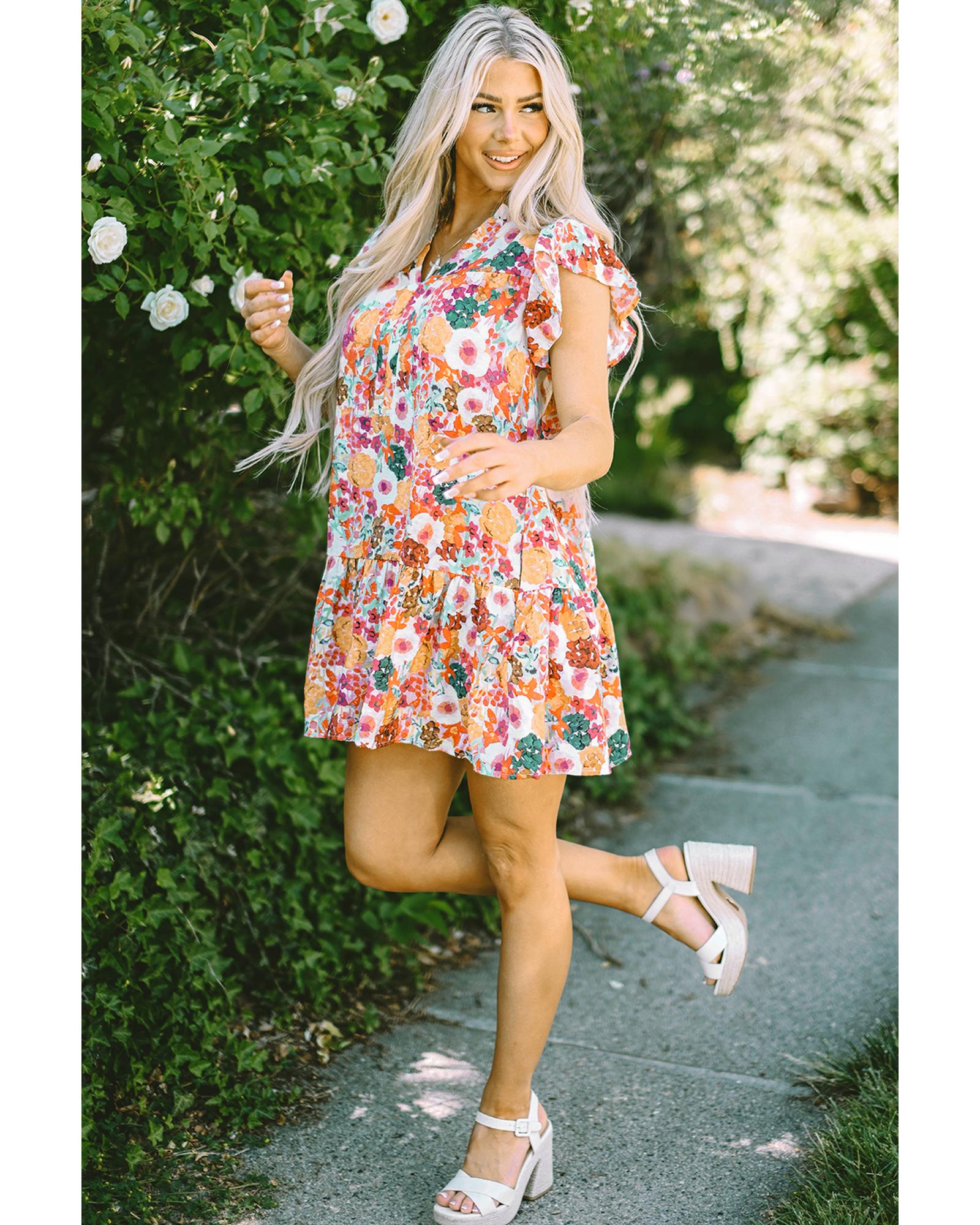 Purple Floral Print Split Neck Flutter Sleeve Dress - M 5