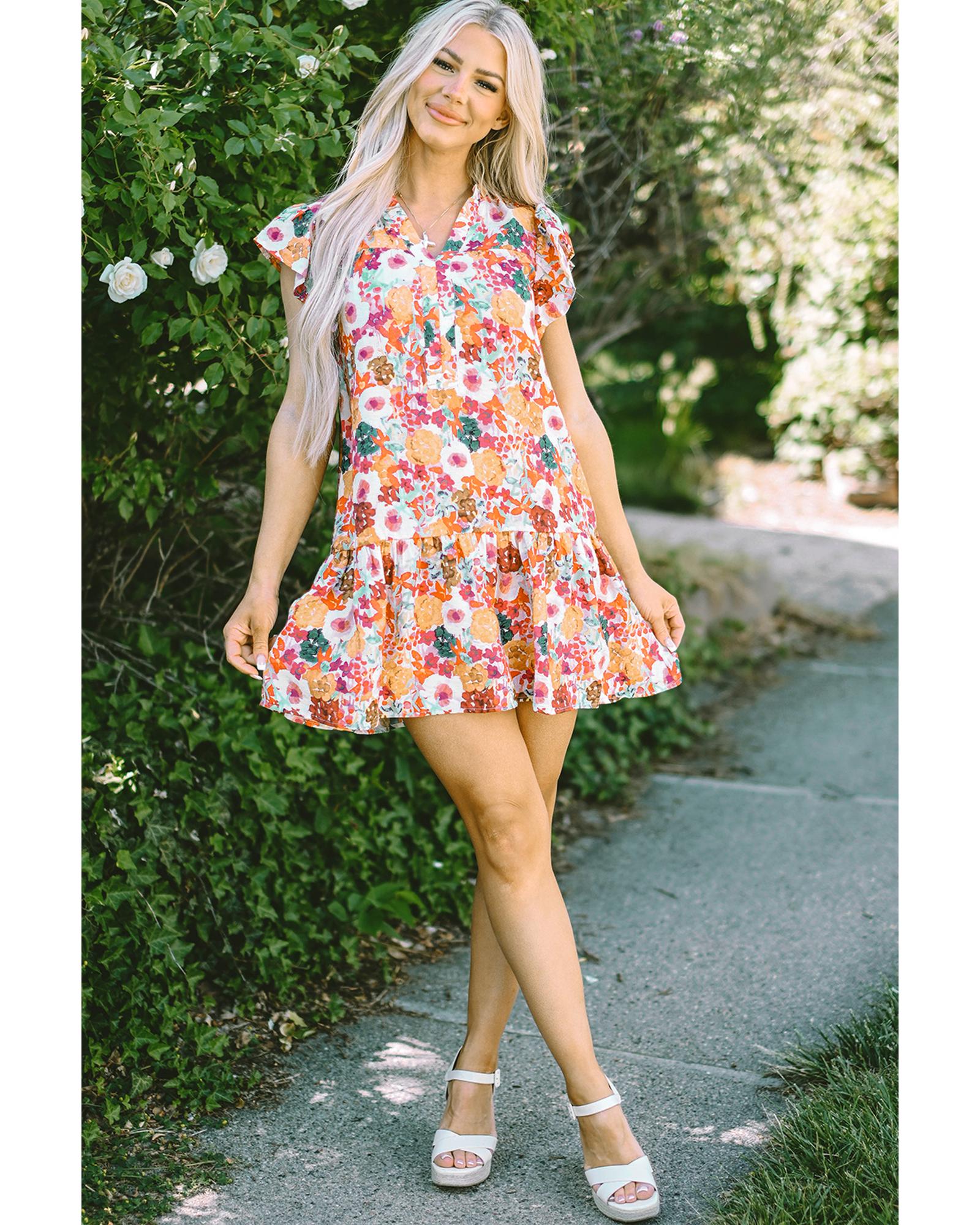 Purple Floral Print Split Neck Flutter Sleeve Dress - M 6