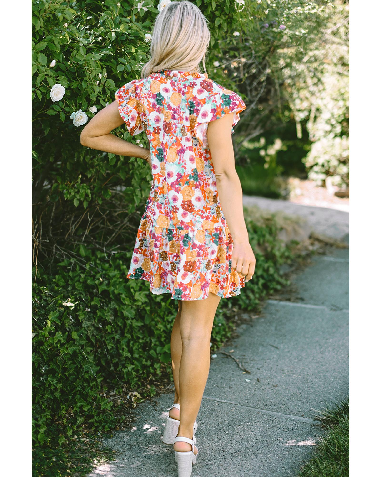 Purple Floral Print Split Neck Flutter Sleeve Dress - S