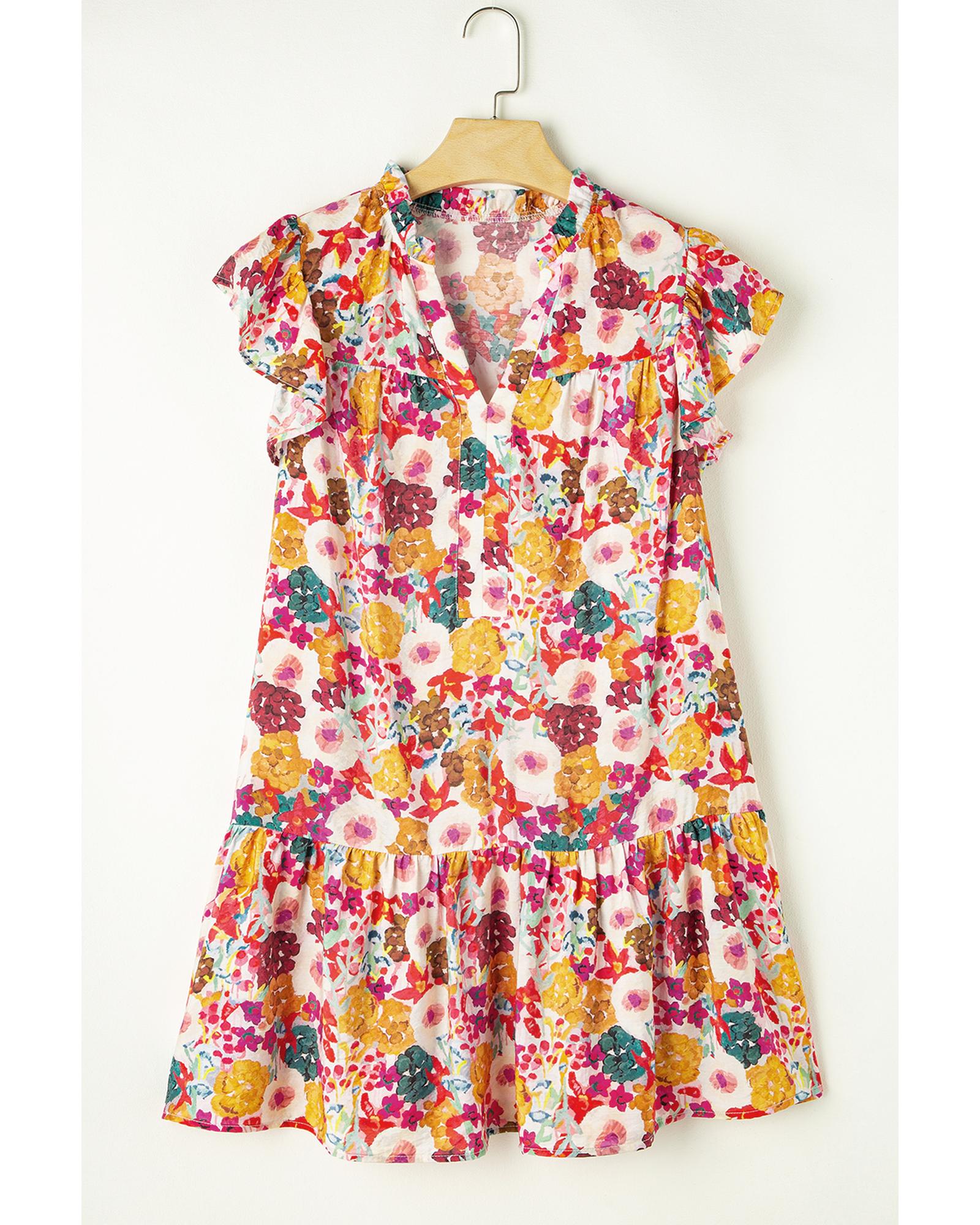 Purple Floral Print Split Neck Flutter Sleeve Dress - XL 5