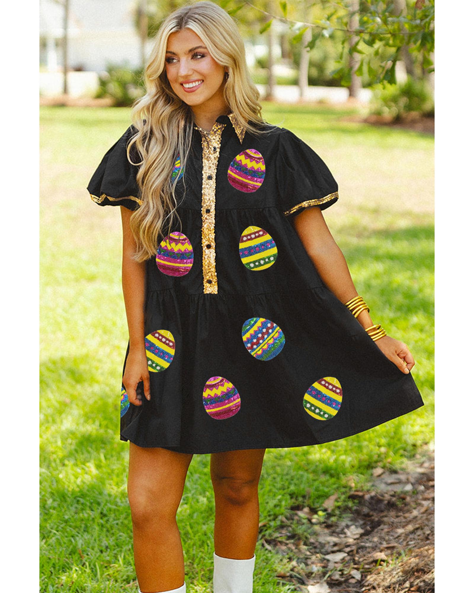 Black Glistening Easter Egg Sequin Trim Half Button Puff Sleeve Dress - XL