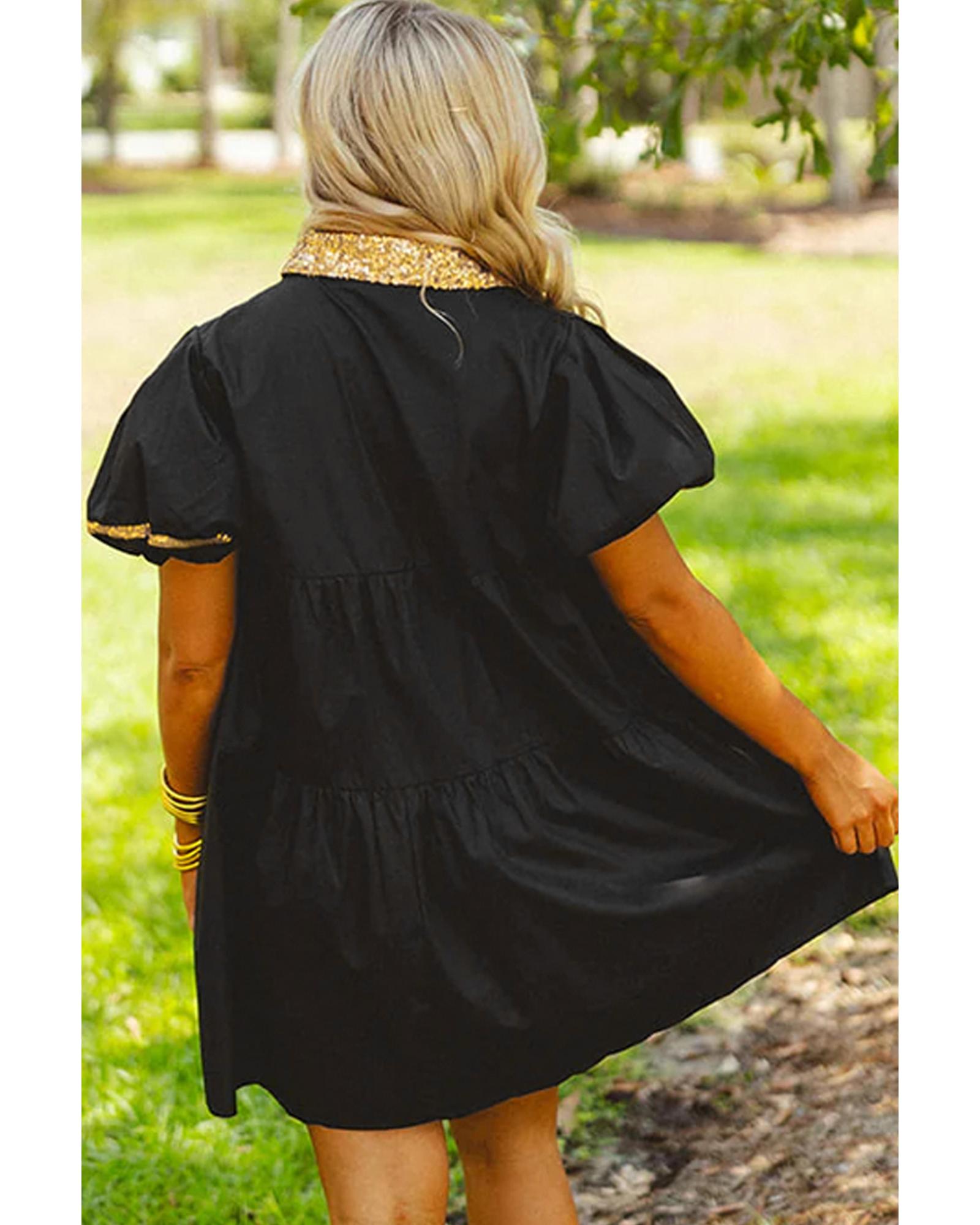 Black Glistening Easter Egg Sequin Trim Half Button Puff Sleeve Dress - XL