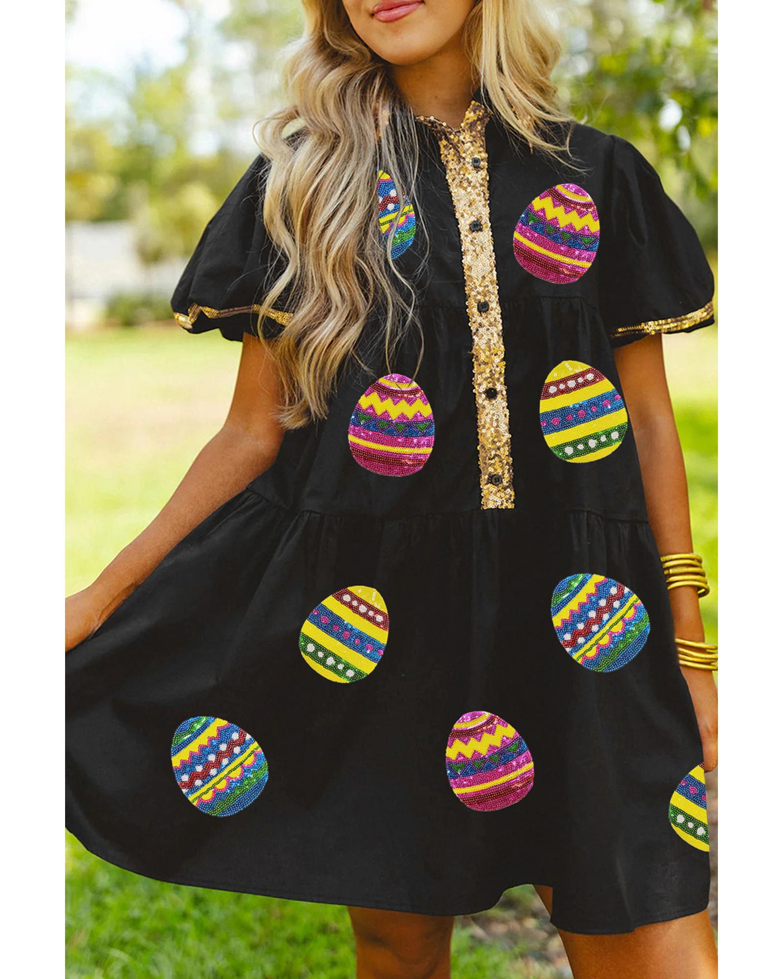 Black Glistening Easter Egg Sequin Trim Half Button Puff Sleeve Dress - XL 3
