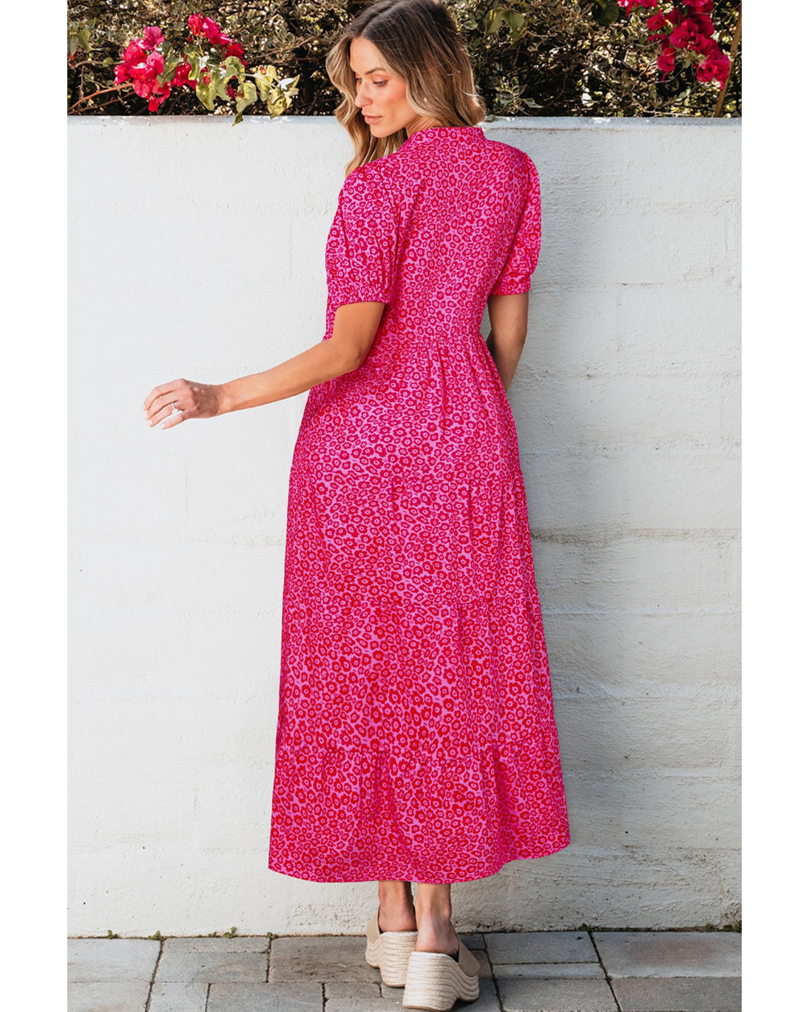 Rose Red Flower Mock Neck Puff Sleeve Tiered Maxi Dress - M 3