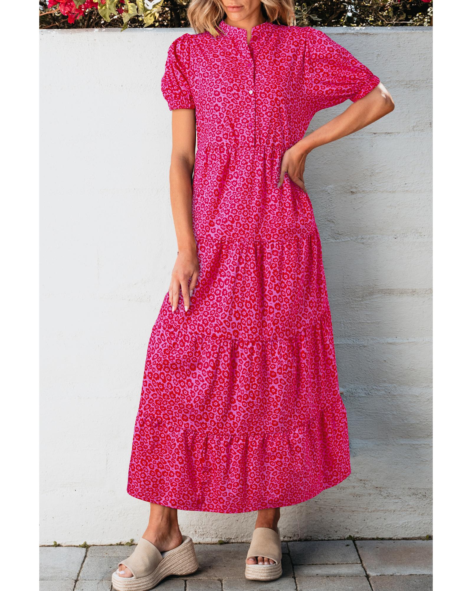 Rose Red Flower Mock Neck Puff Sleeve Tiered Maxi Dress - S 6