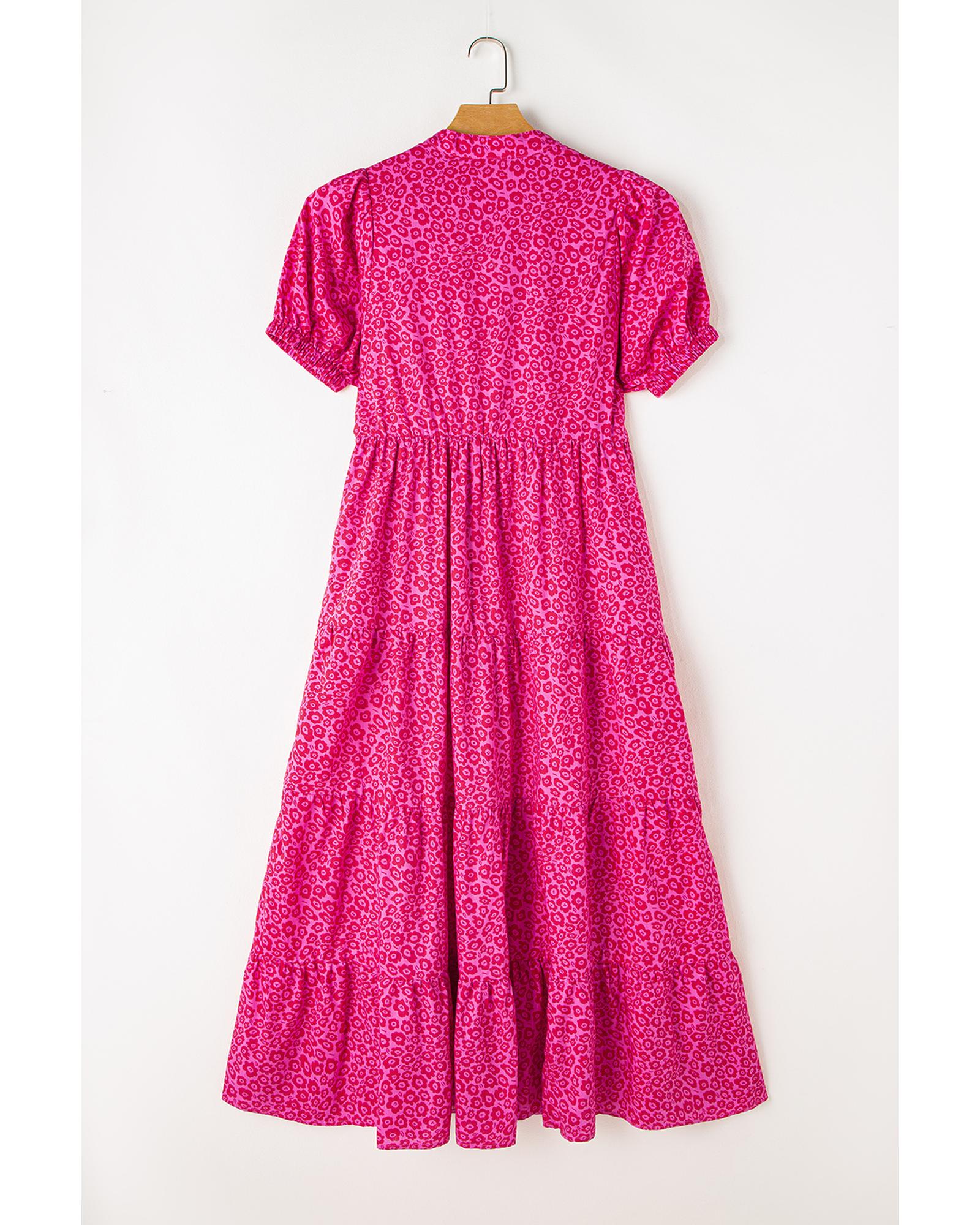 Rose Red Flower Mock Neck Puff Sleeve Tiered Maxi Dress - XL