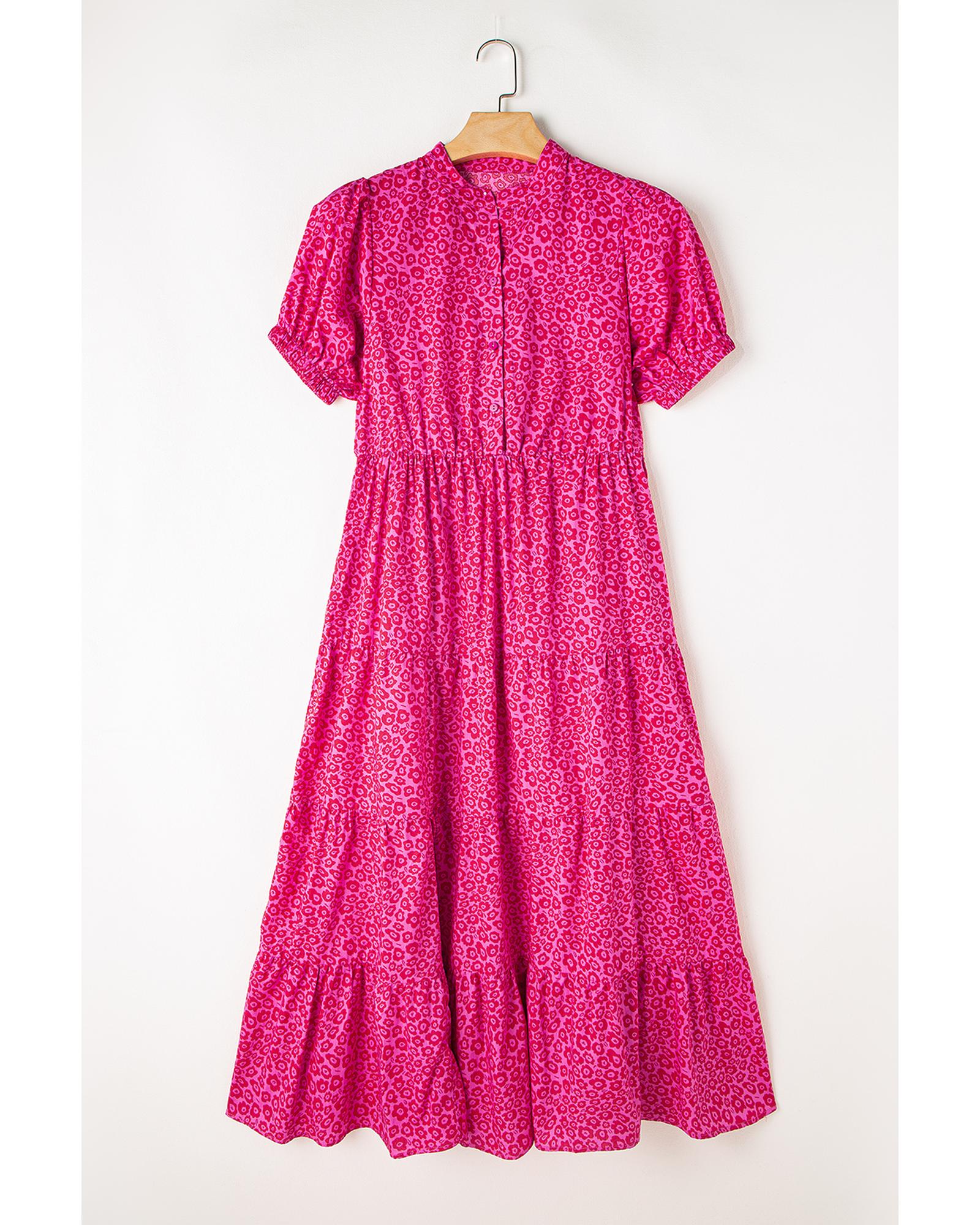 Rose Red Flower Mock Neck Puff Sleeve Tiered Maxi Dress - XL 8