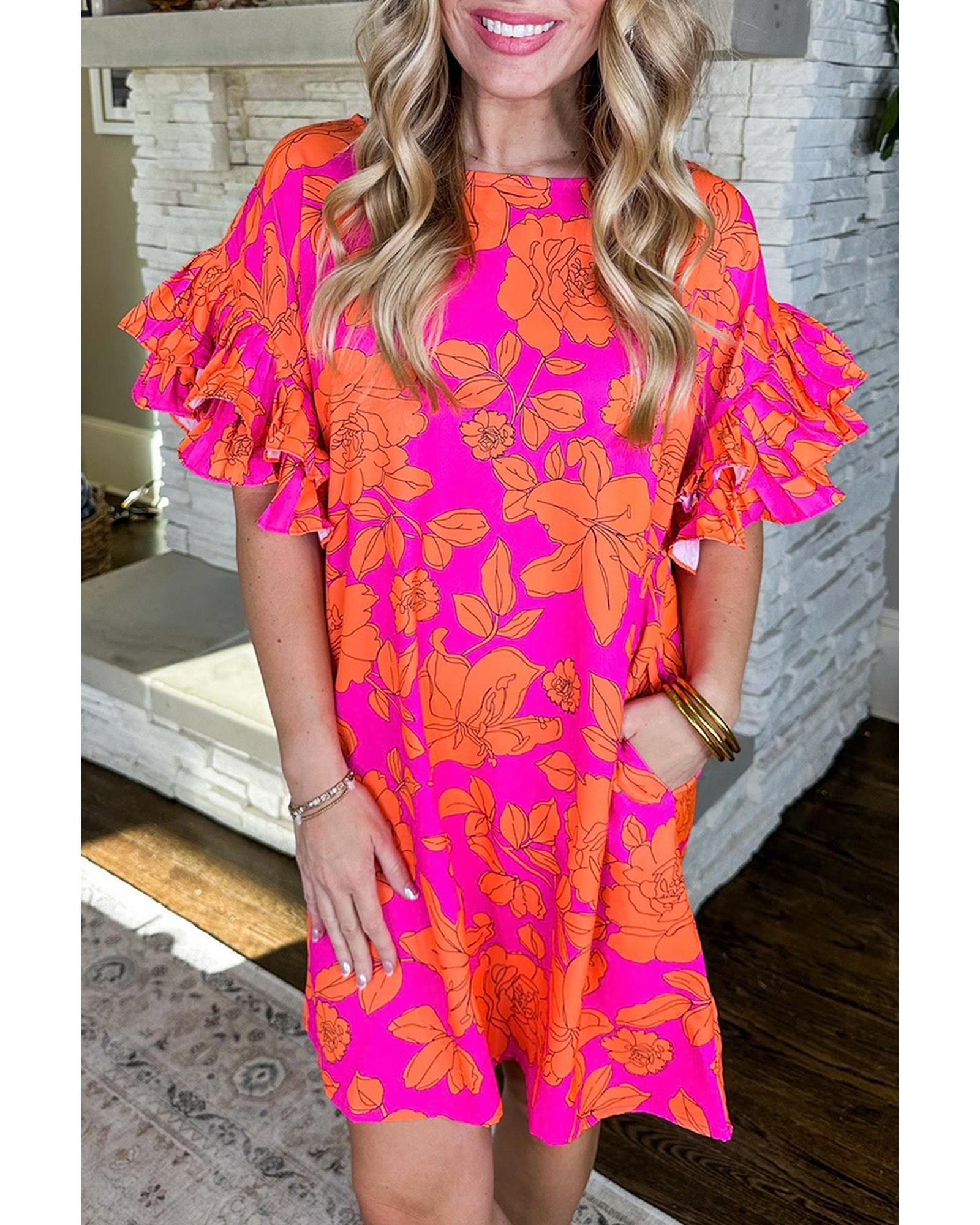 Pink Voluminous Ruffled Sleeve Floral Dress - L 6