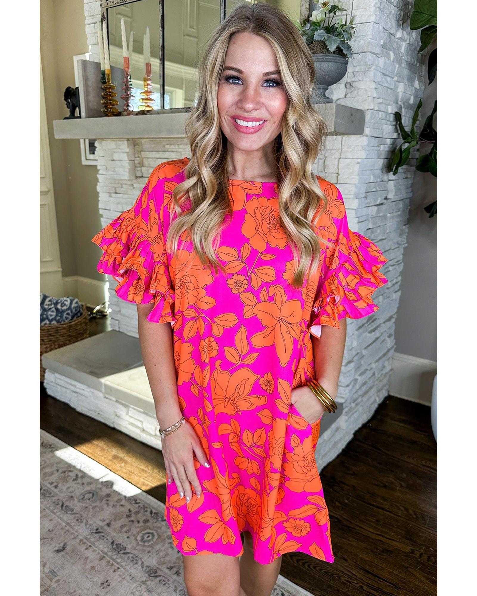 Pink Voluminous Ruffled Sleeve Floral Dress - S 3