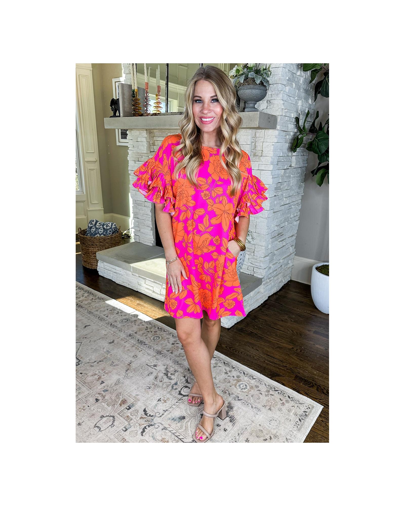 Pink Voluminous Ruffled Sleeve Floral Dress - XL