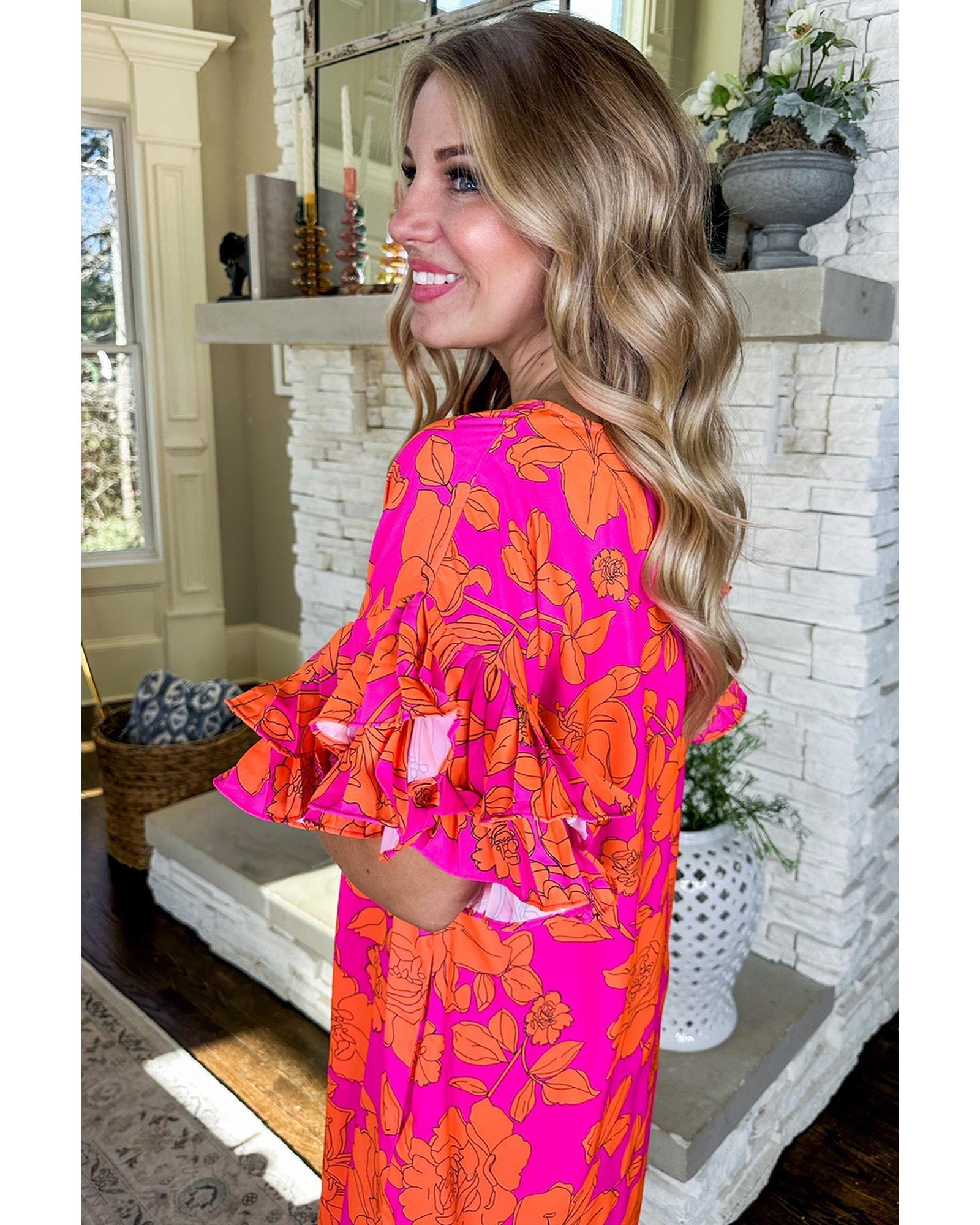 Pink Voluminous Ruffled Sleeve Floral Dress - XL 8