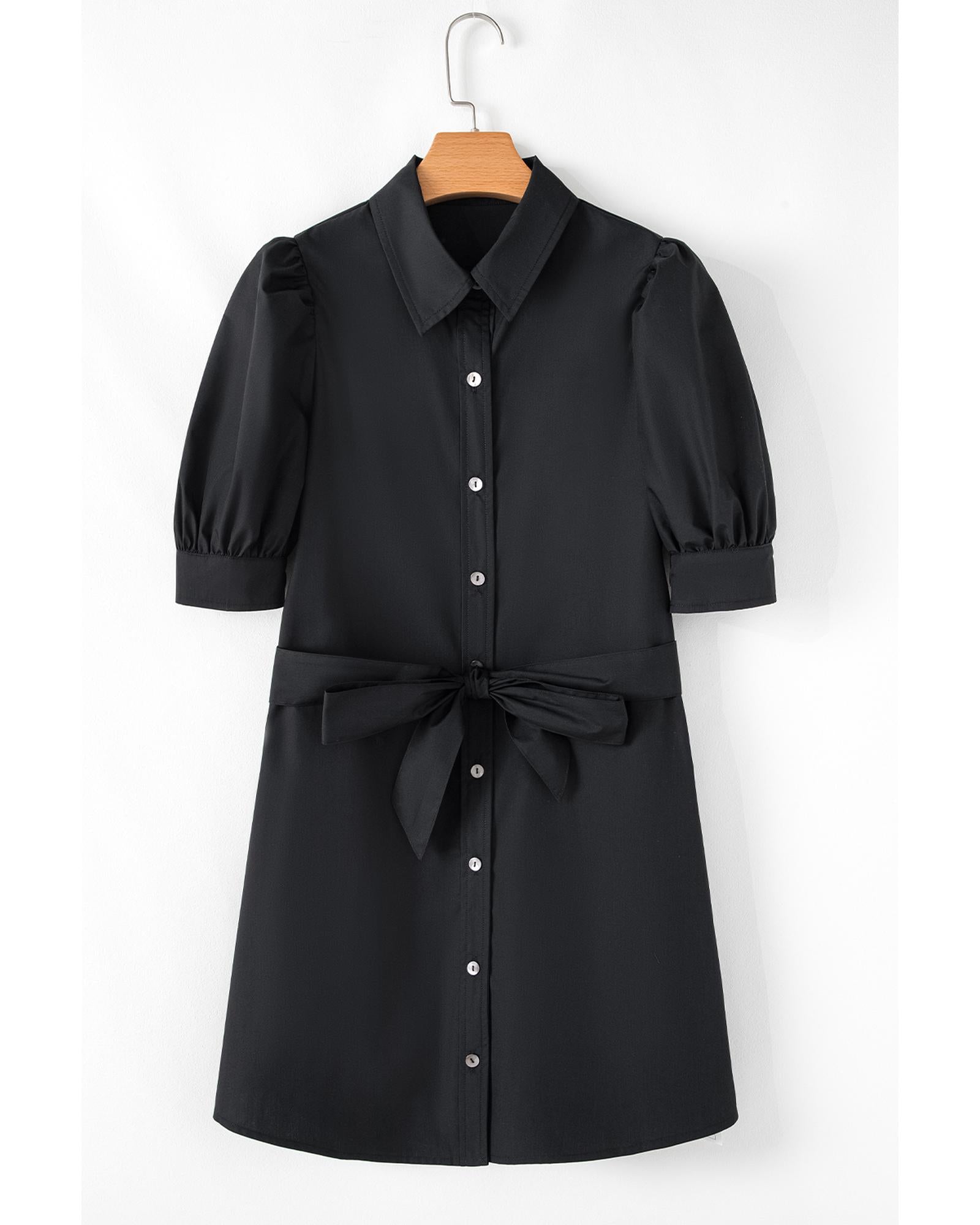 Black Button Up Tie Waist Puff Sleeve Mini Dress - L 6