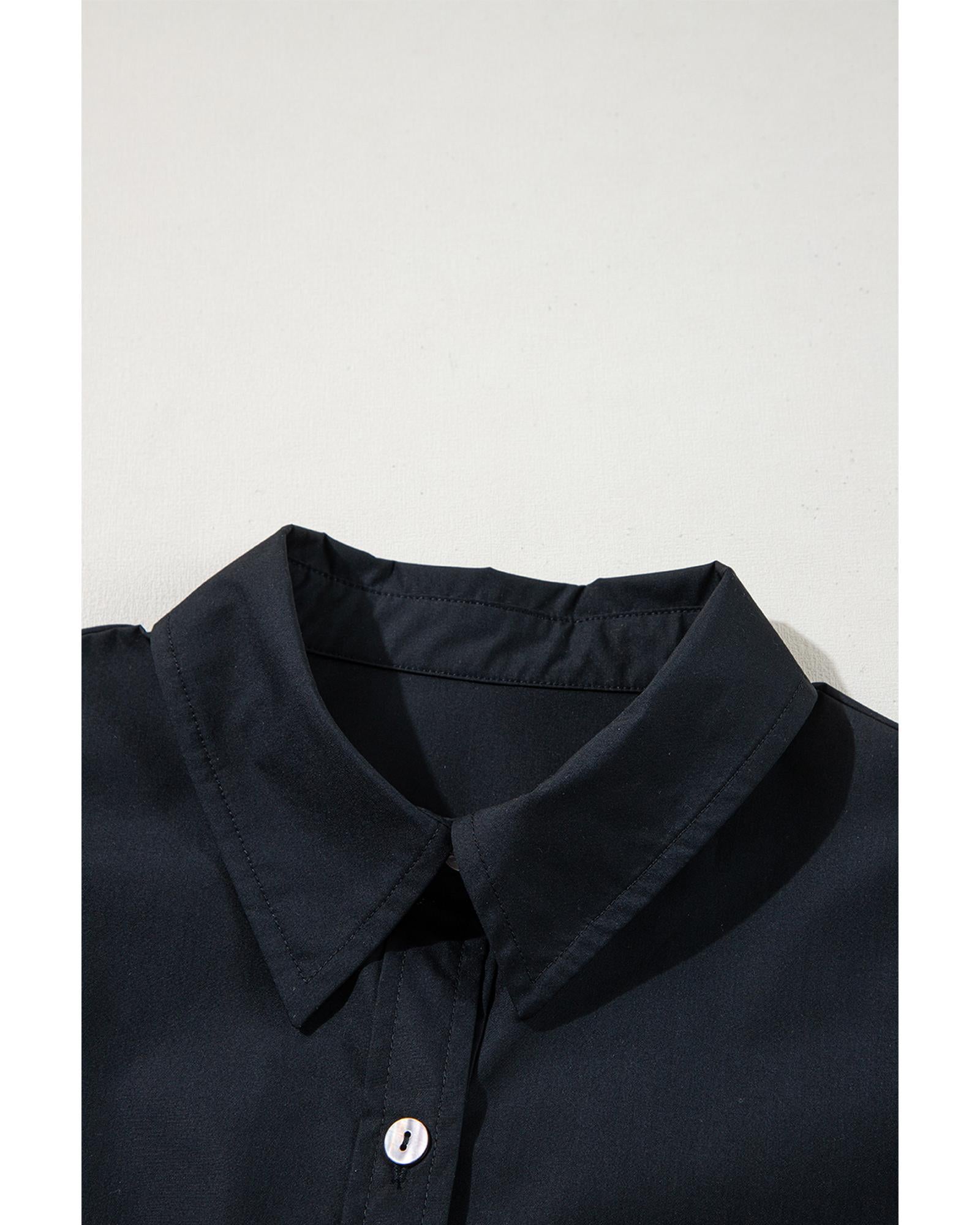 Black Button Up Tie Waist Puff Sleeve Mini Dress - L 8