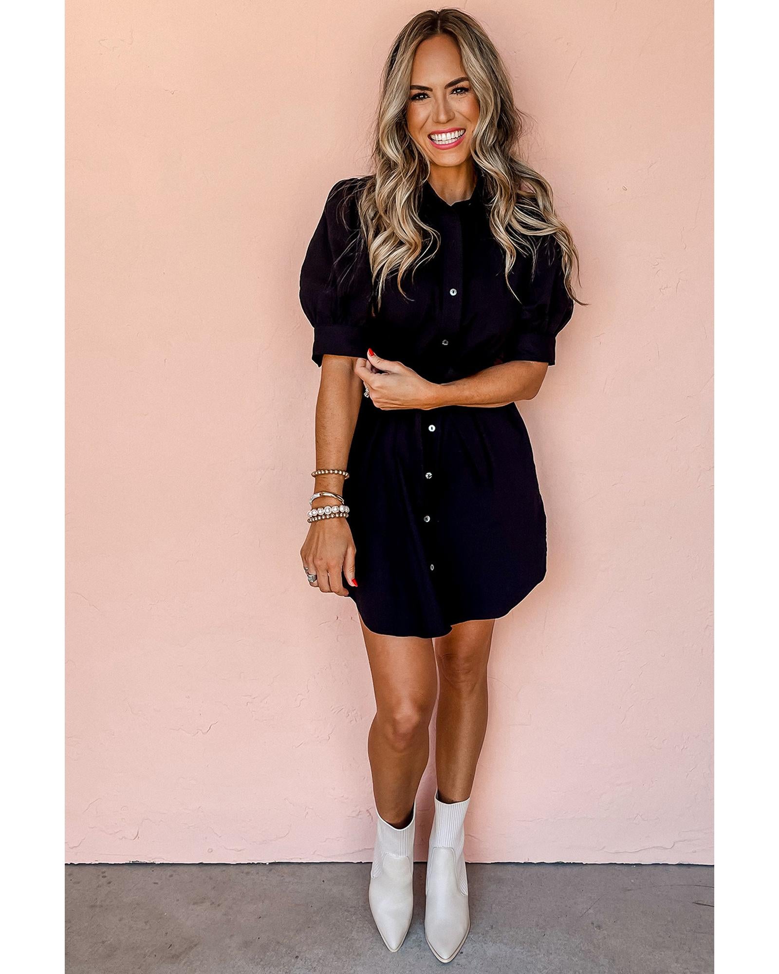 Black Button Up Tie Waist Puff Sleeve Mini Dress - M 4