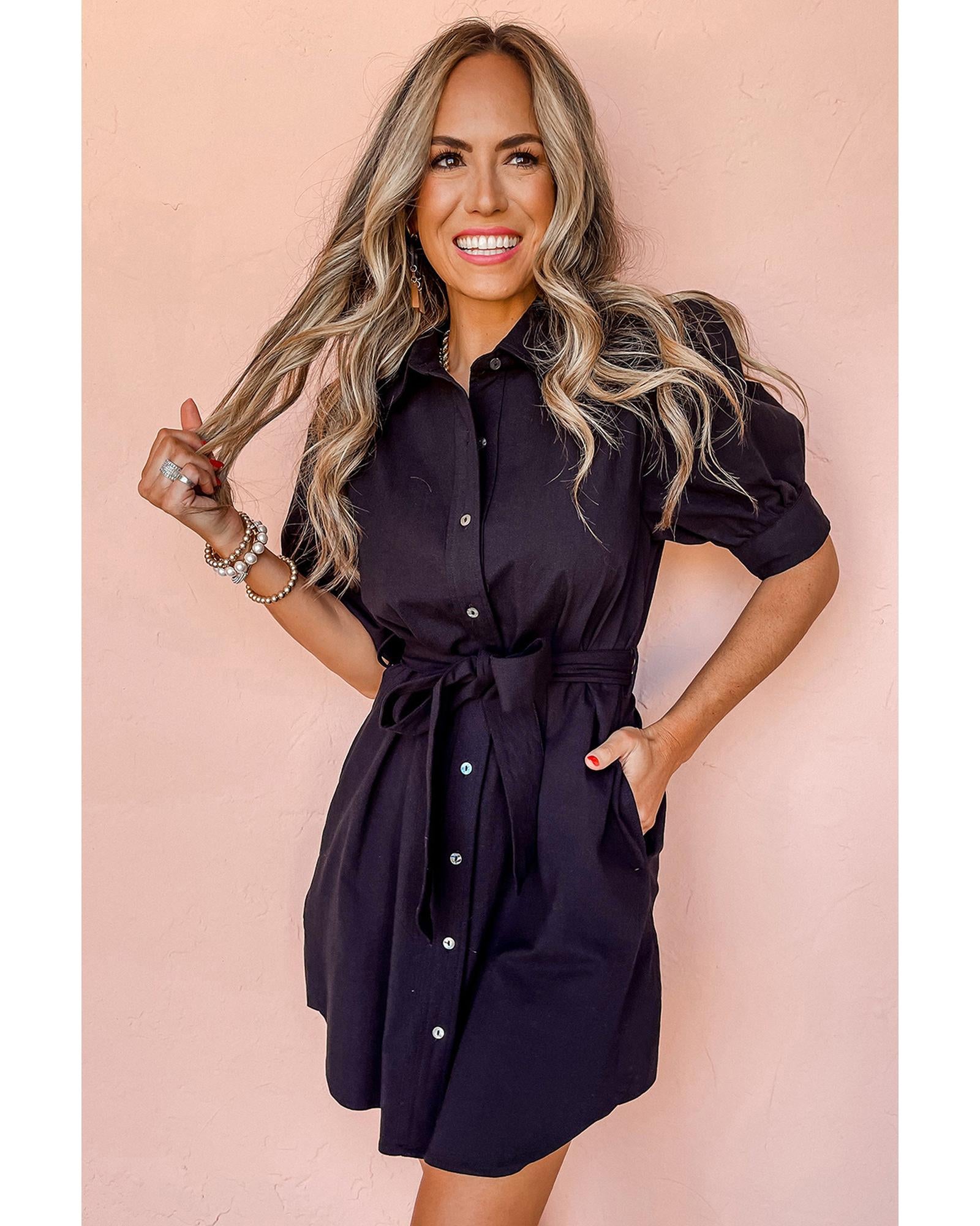 Black Button Up Tie Waist Puff Sleeve Mini Dress - M 5