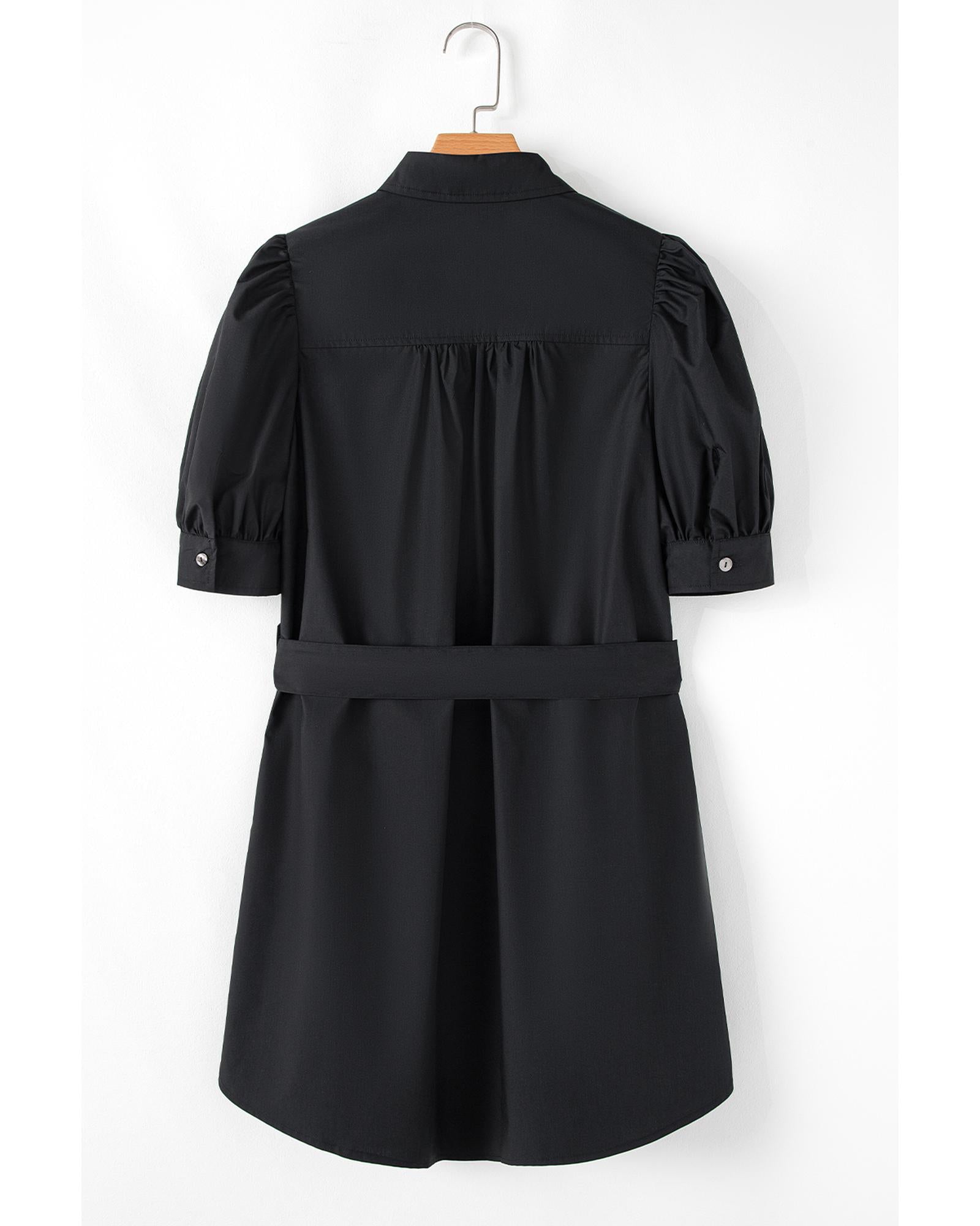 Black Button Up Tie Waist Puff Sleeve Mini Dress - XL 7