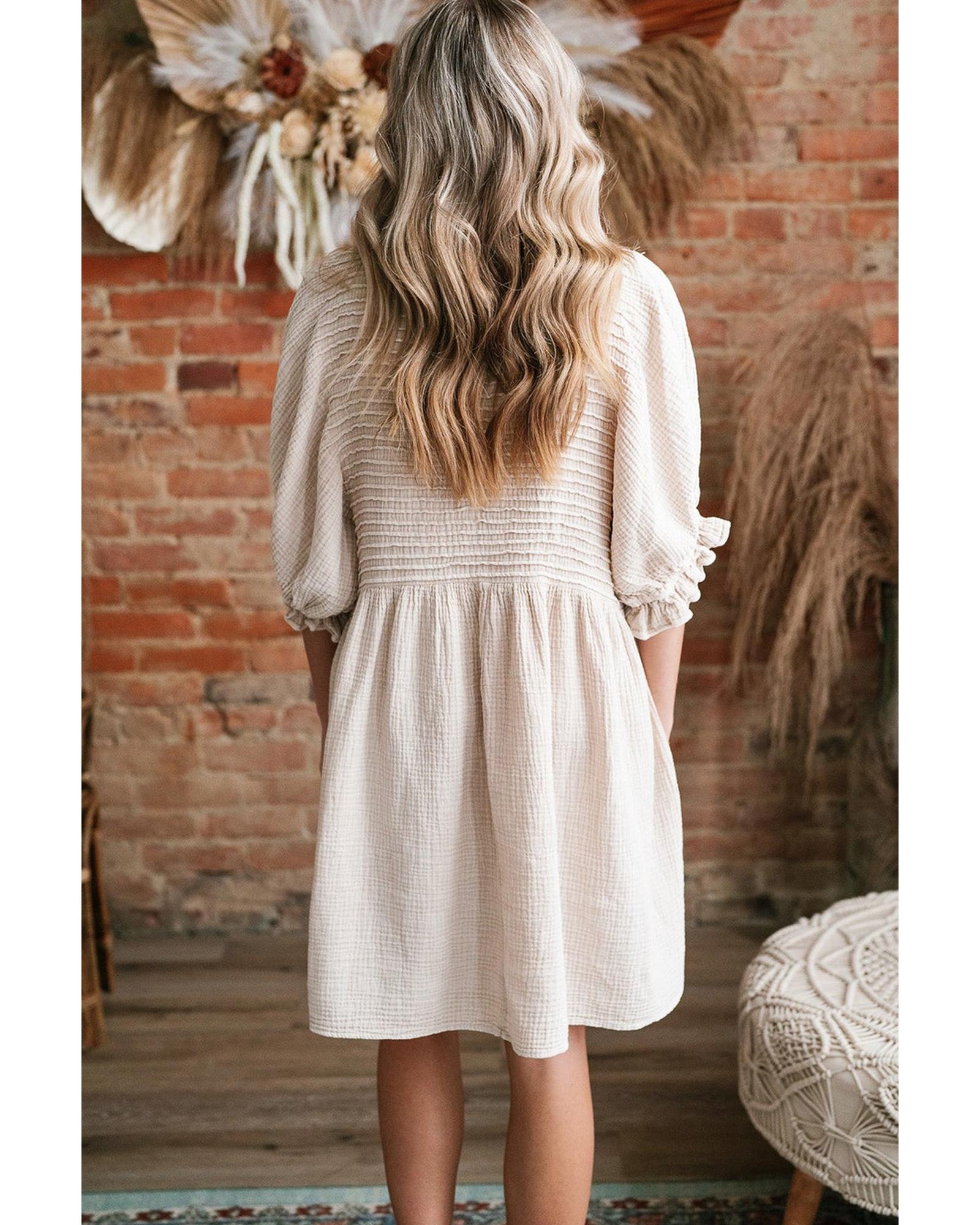 White Textured Ruffled Puff Sleeve Loose Dress - S