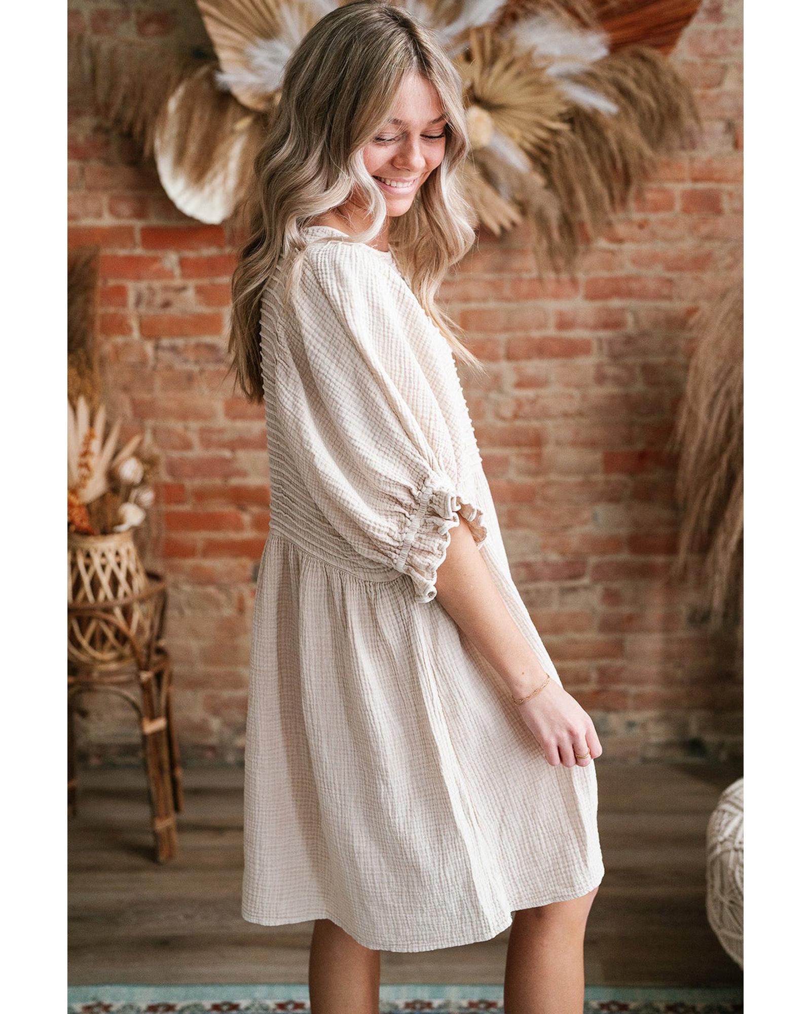 White Textured Ruffled Puff Sleeve Loose Dress - S 3
