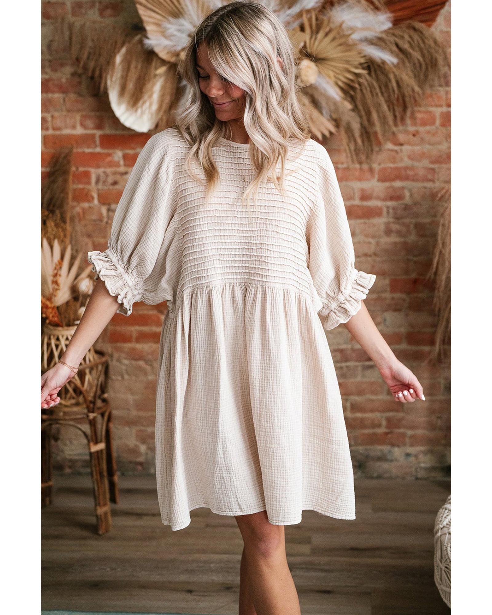 White Textured Ruffled Puff Sleeve Loose Dress - S 4