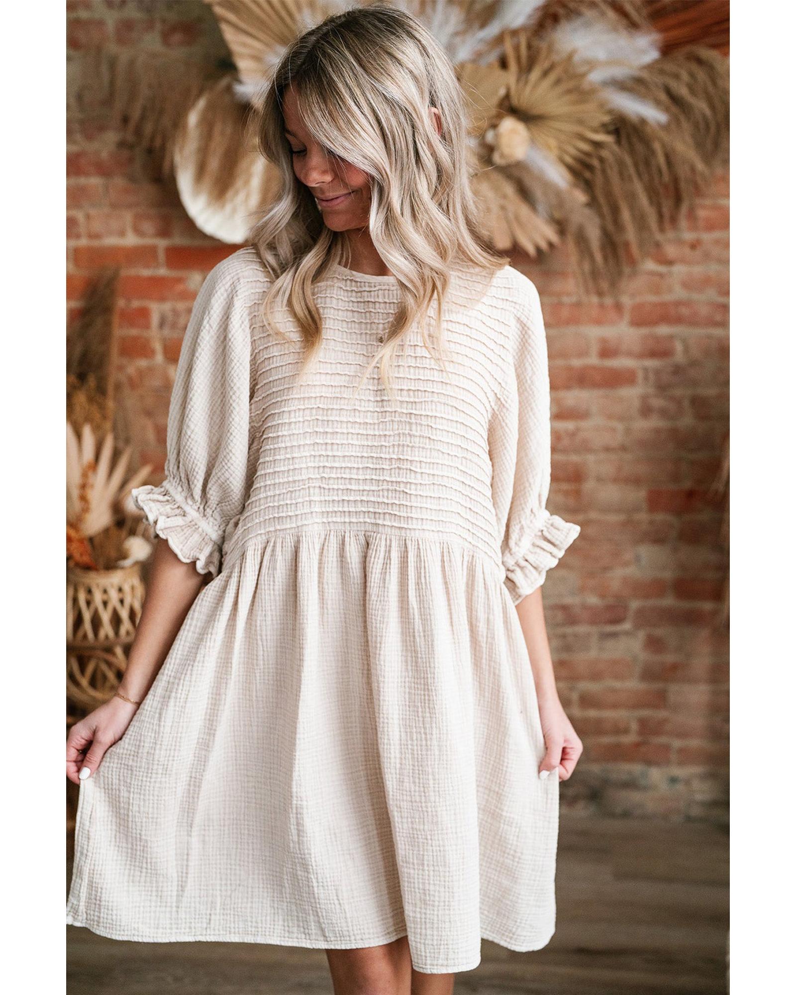 White Textured Ruffled Puff Sleeve Loose Dress - S 5