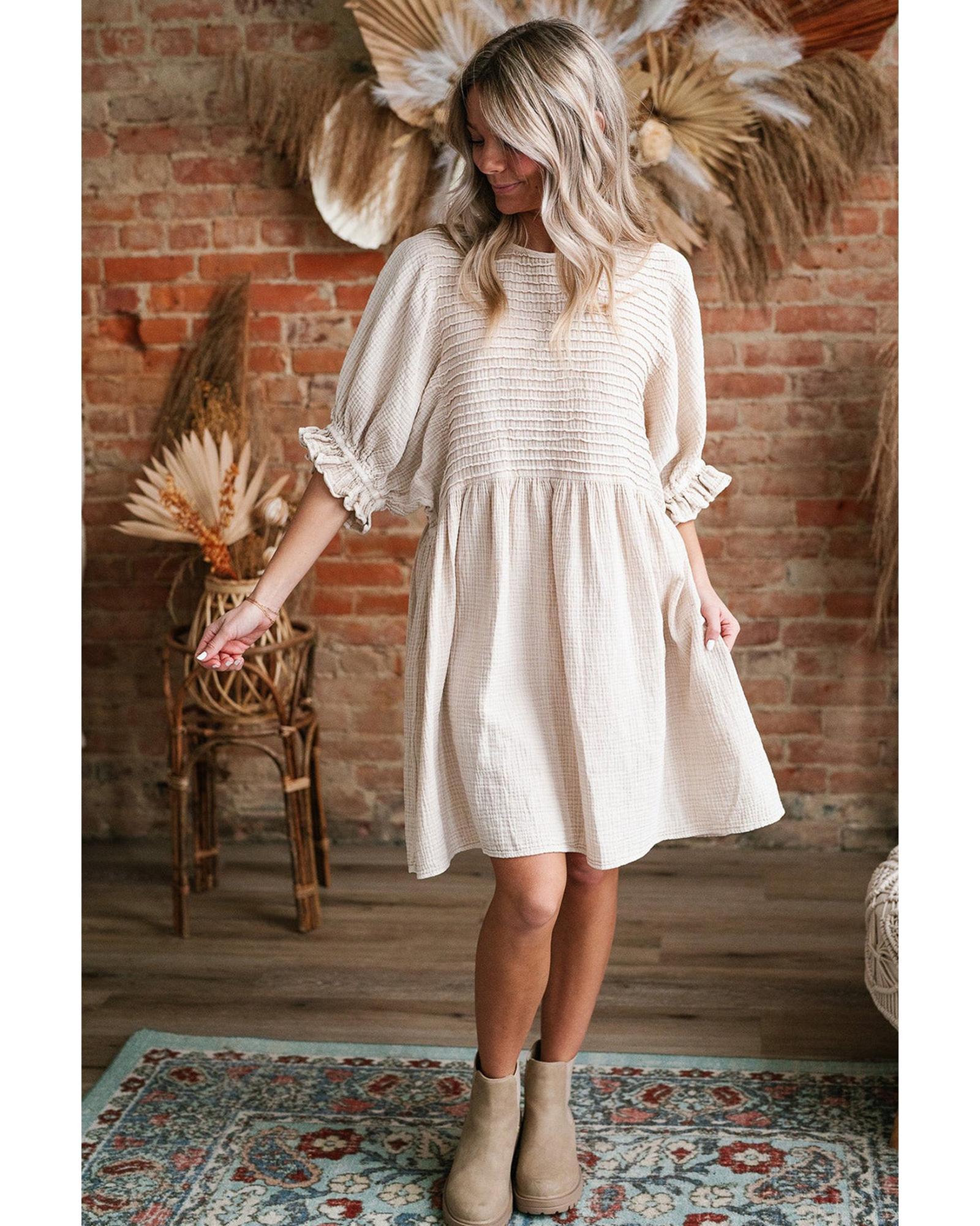 White Textured Ruffled Puff Sleeve Loose Dress - S 6
