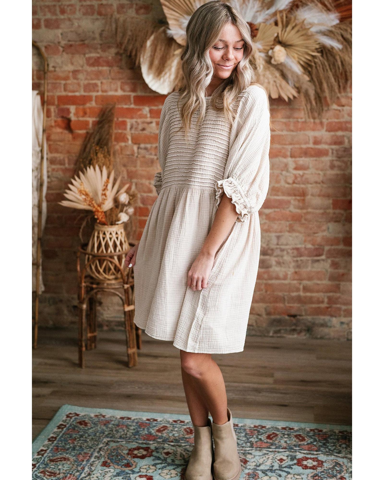White Textured Ruffled Puff Sleeve Loose Dress - S 7