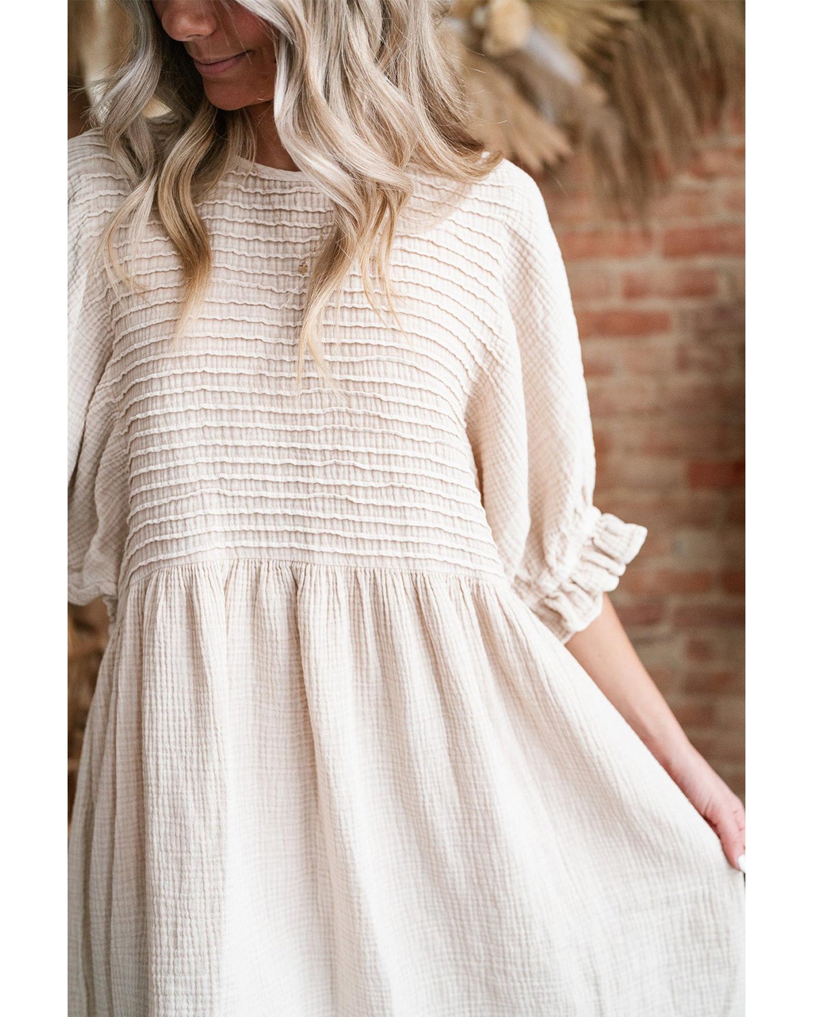 White Textured Ruffled Puff Sleeve Loose Dress - S 8