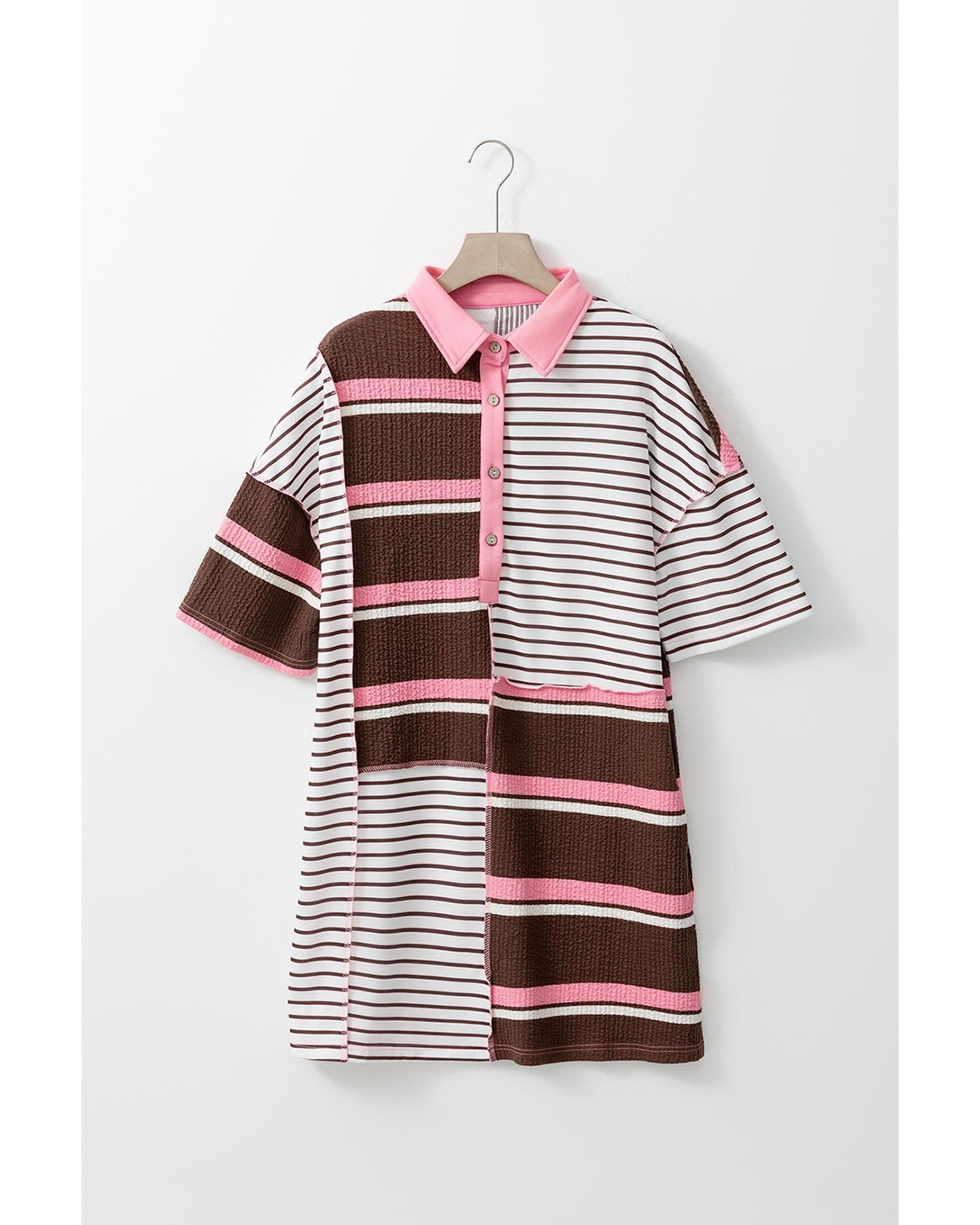 Brown Stripe Striped Textured Patchwork Buttoned T Shirt Dress - L 7