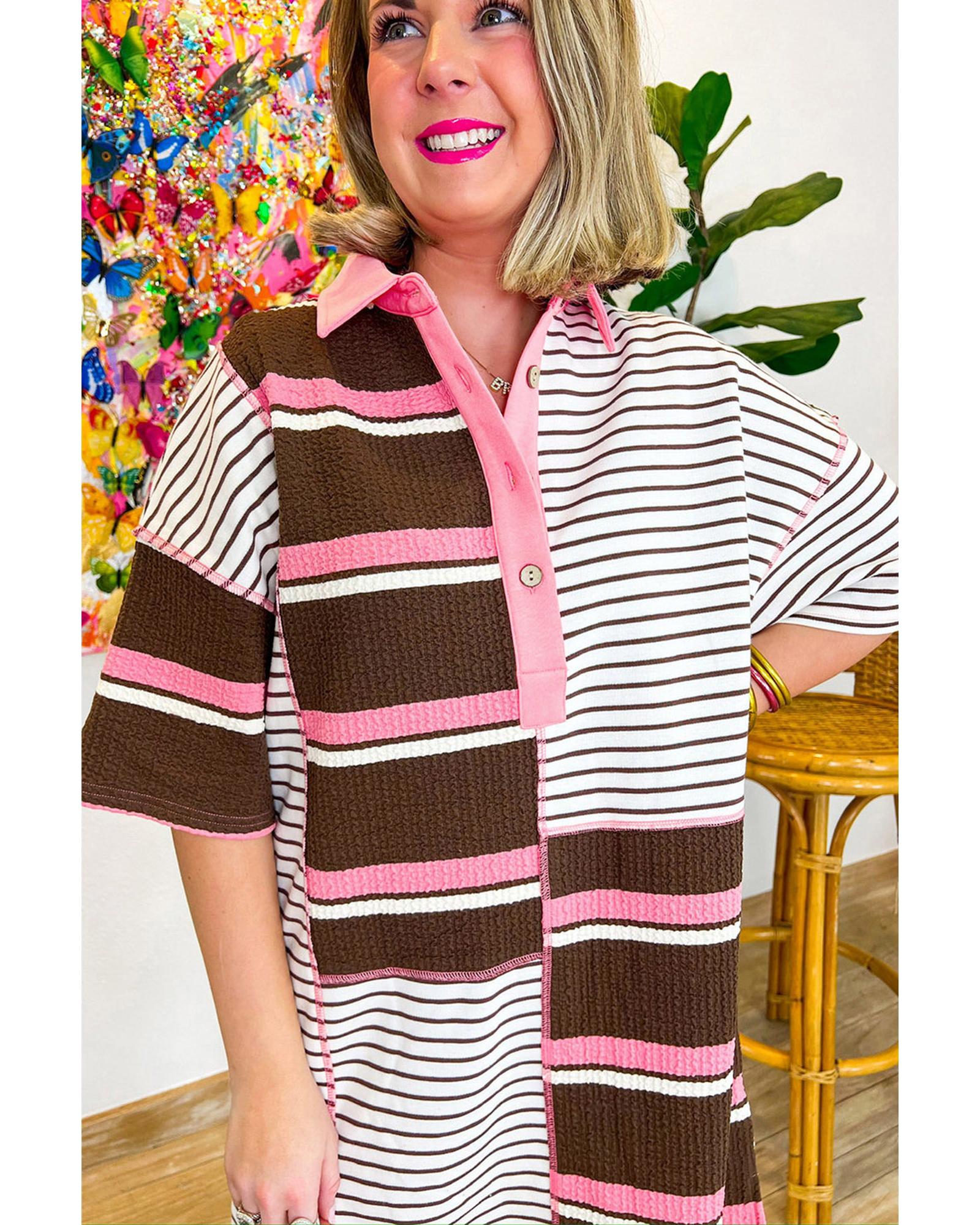 Brown Stripe Striped Textured Patchwork Buttoned T Shirt Dress - M