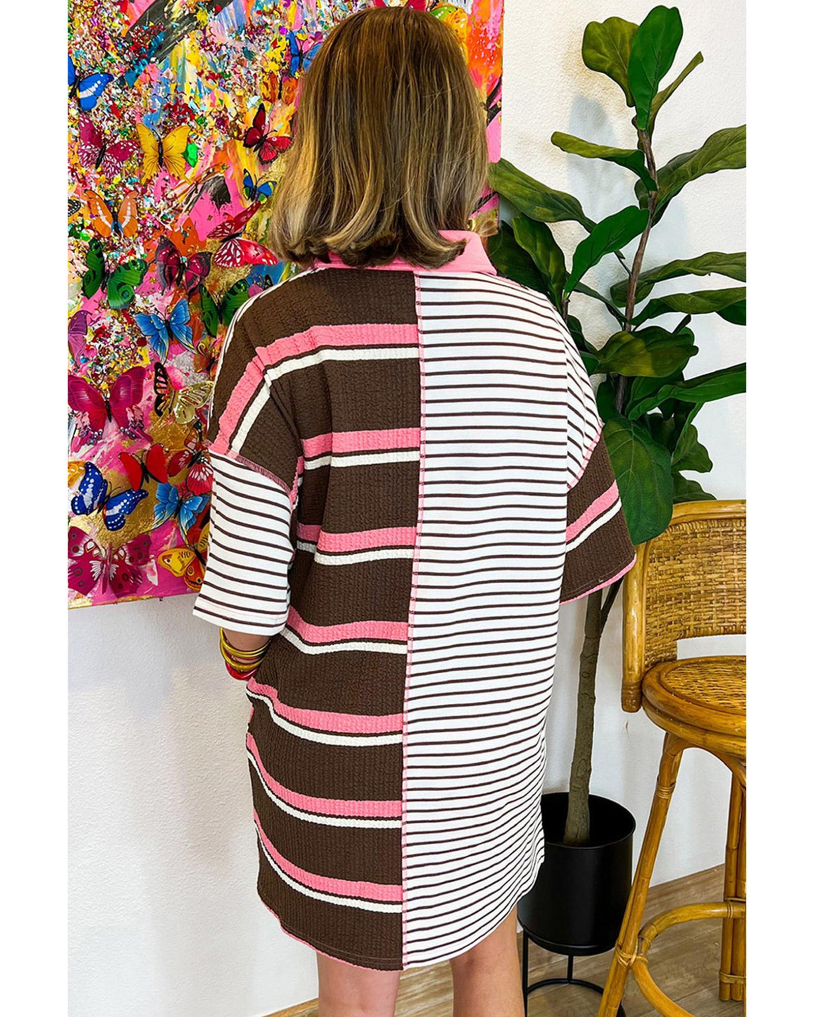 Brown Stripe Striped Textured Patchwork Buttoned T Shirt Dress - M 3