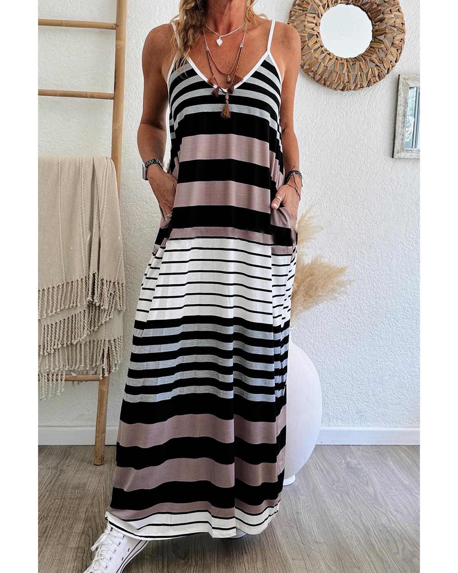 Multicolour Mixed Stripes Spaghetti Straps V Neck Maxi Dress - XL 3