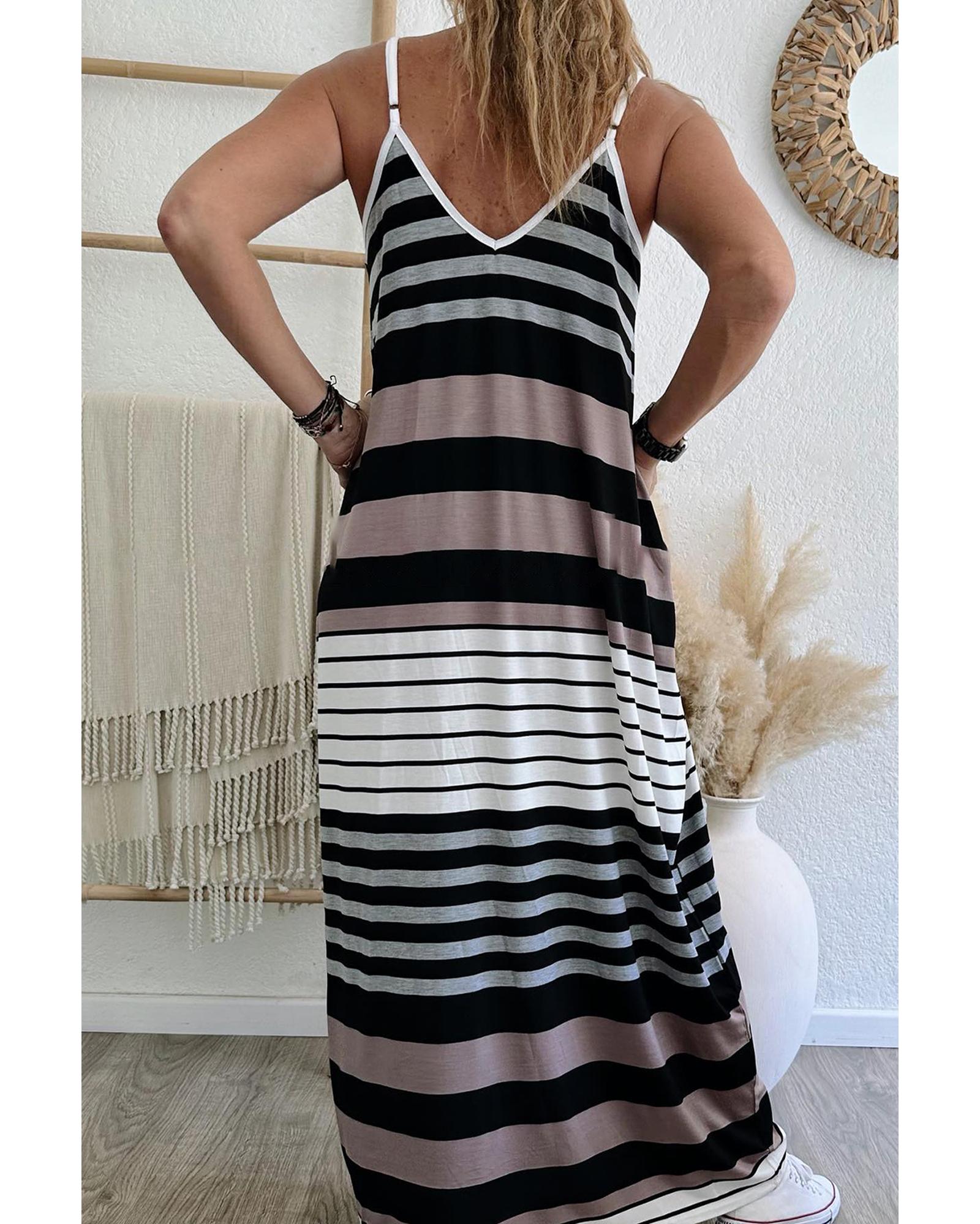 Multicolour Mixed Stripes Spaghetti Straps V Neck Maxi Dress - XL 5
