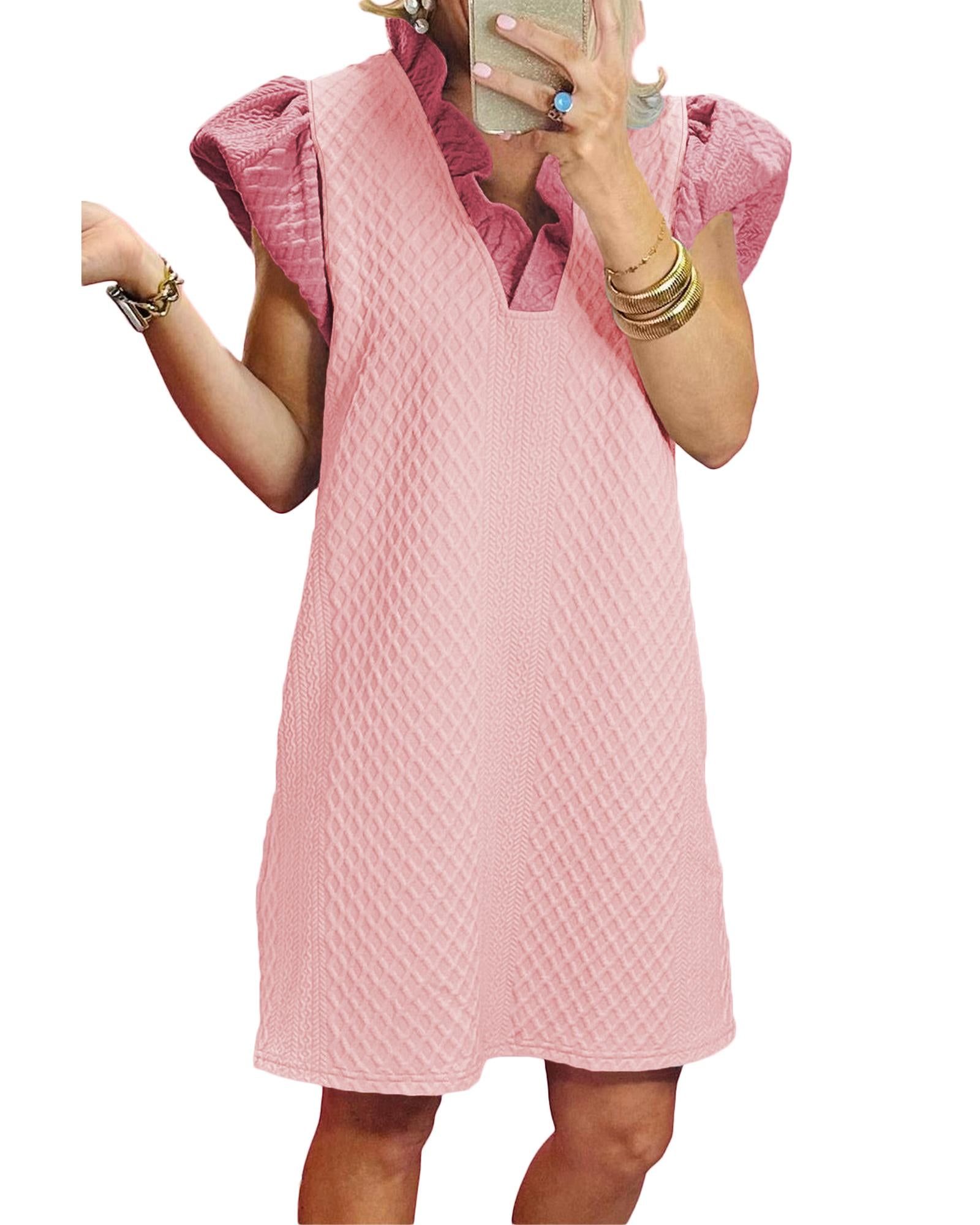 Light Pink Textured Puff Sleeve Ruffled V Neck Shift Mini Dress - M 4