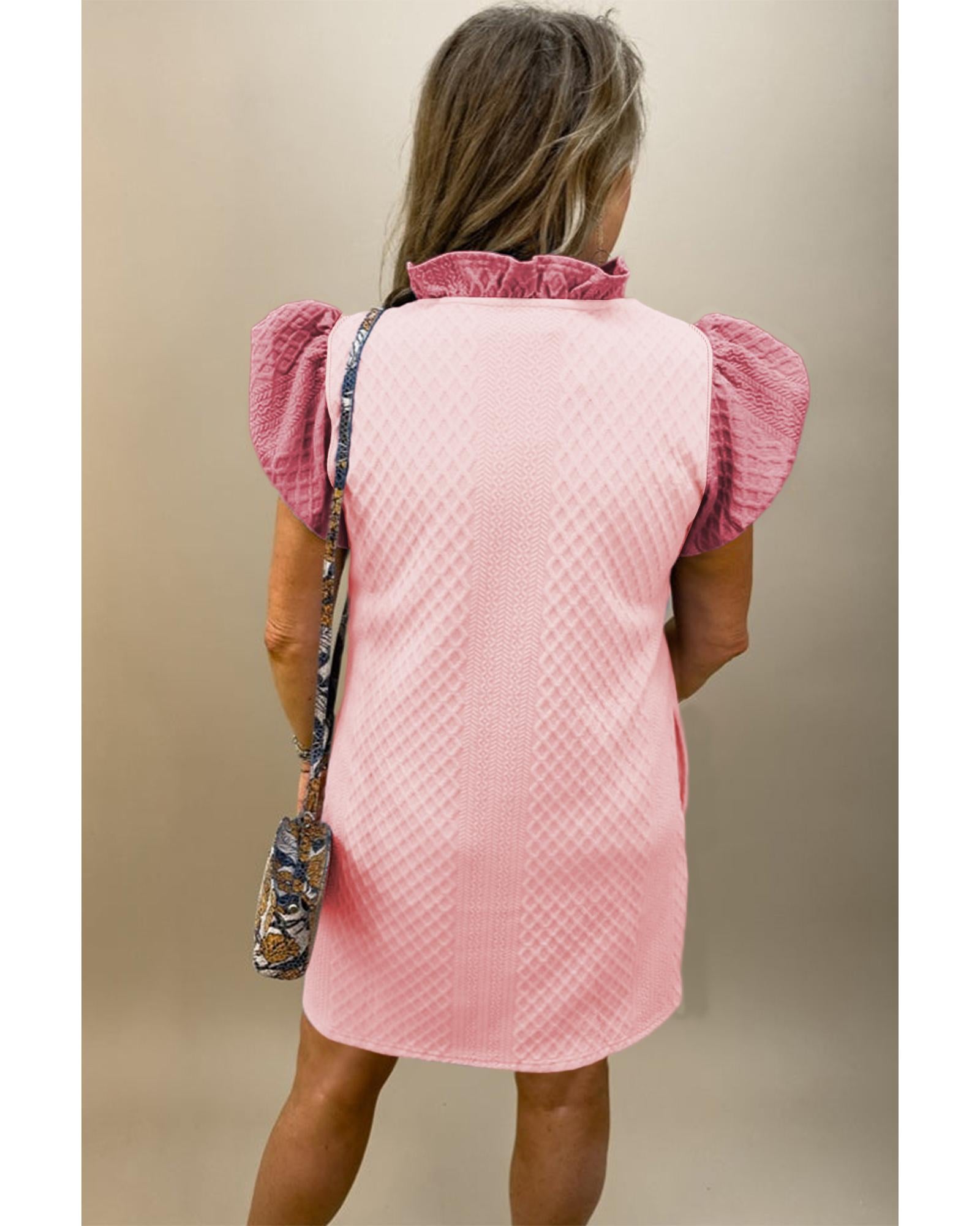 Light Pink Textured Puff Sleeve Ruffled V Neck Shift Mini Dress - XL 4