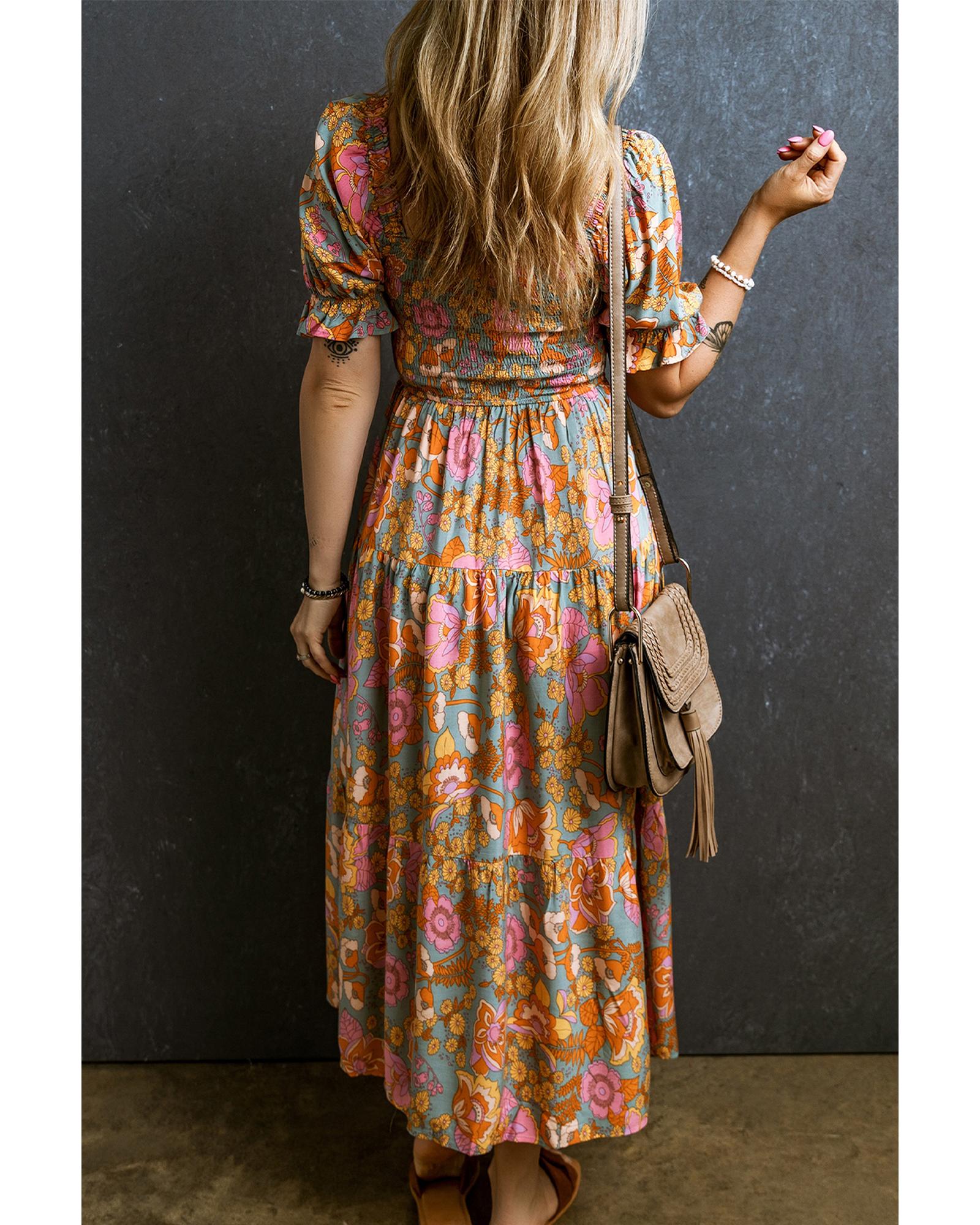 Yellow Smocked Bodice High Waist Puff Sleeve Floral Dress - L 4