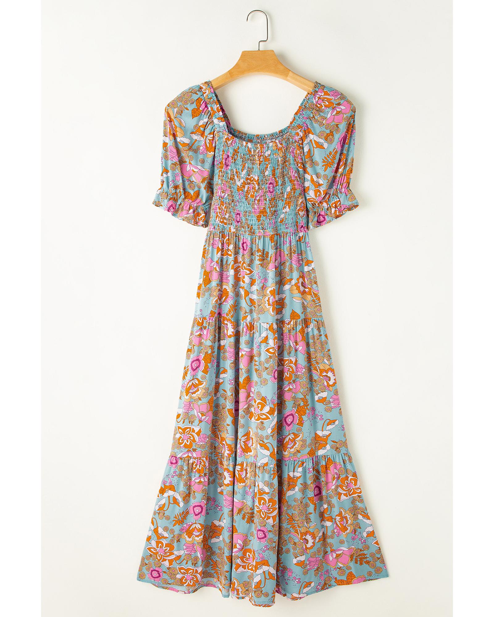 Yellow Smocked Bodice High Waist Puff Sleeve Floral Dress - L 5