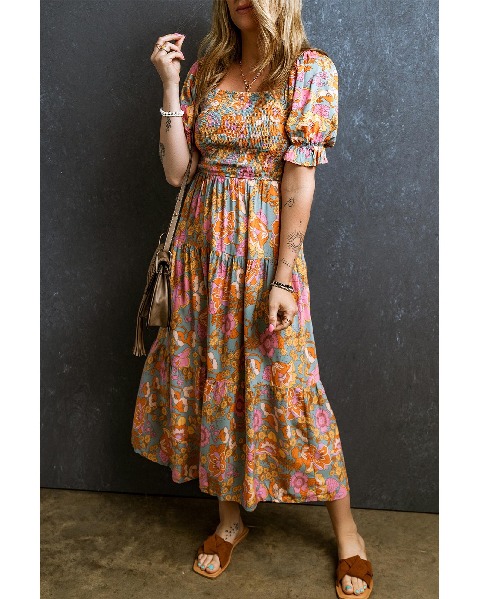 Yellow Smocked Bodice High Waist Puff Sleeve Floral Dress - L 7