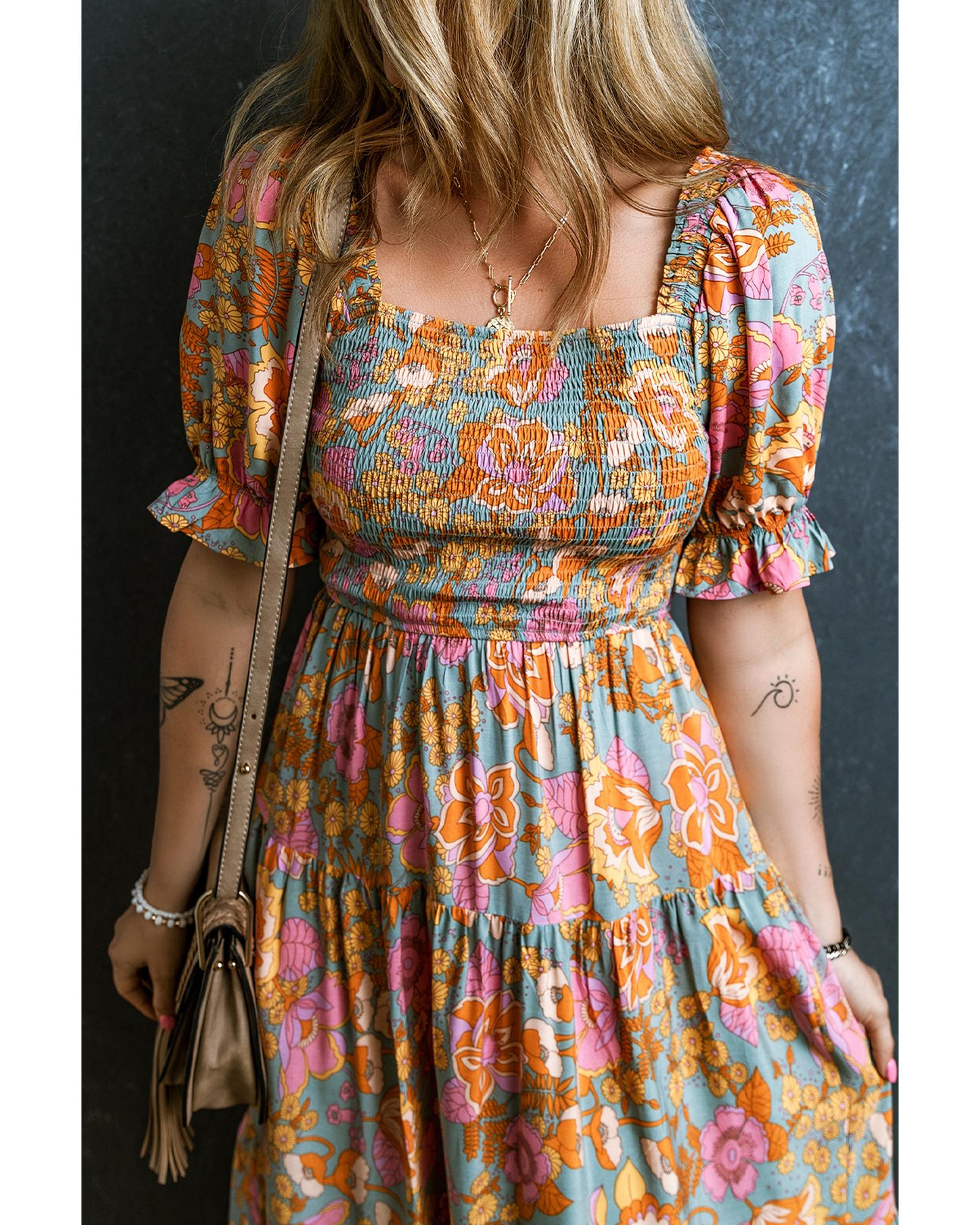Yellow Smocked Bodice High Waist Puff Sleeve Floral Dress - M
