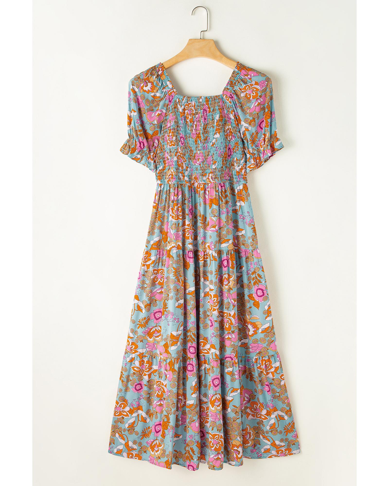 Yellow Smocked Bodice High Waist Puff Sleeve Floral Dress - M 6