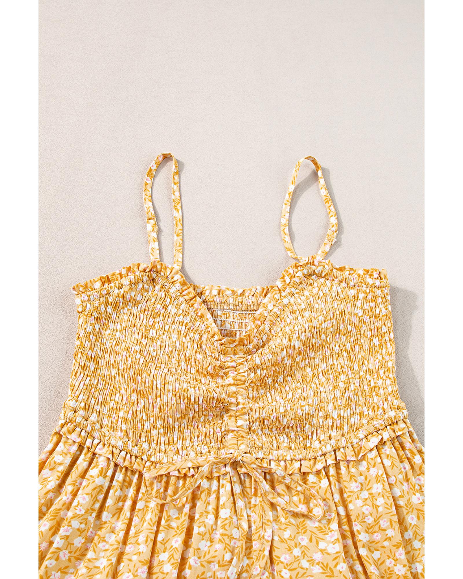 Yellow Frilly Smocked High Waist Floral Maxi Dress - S 5