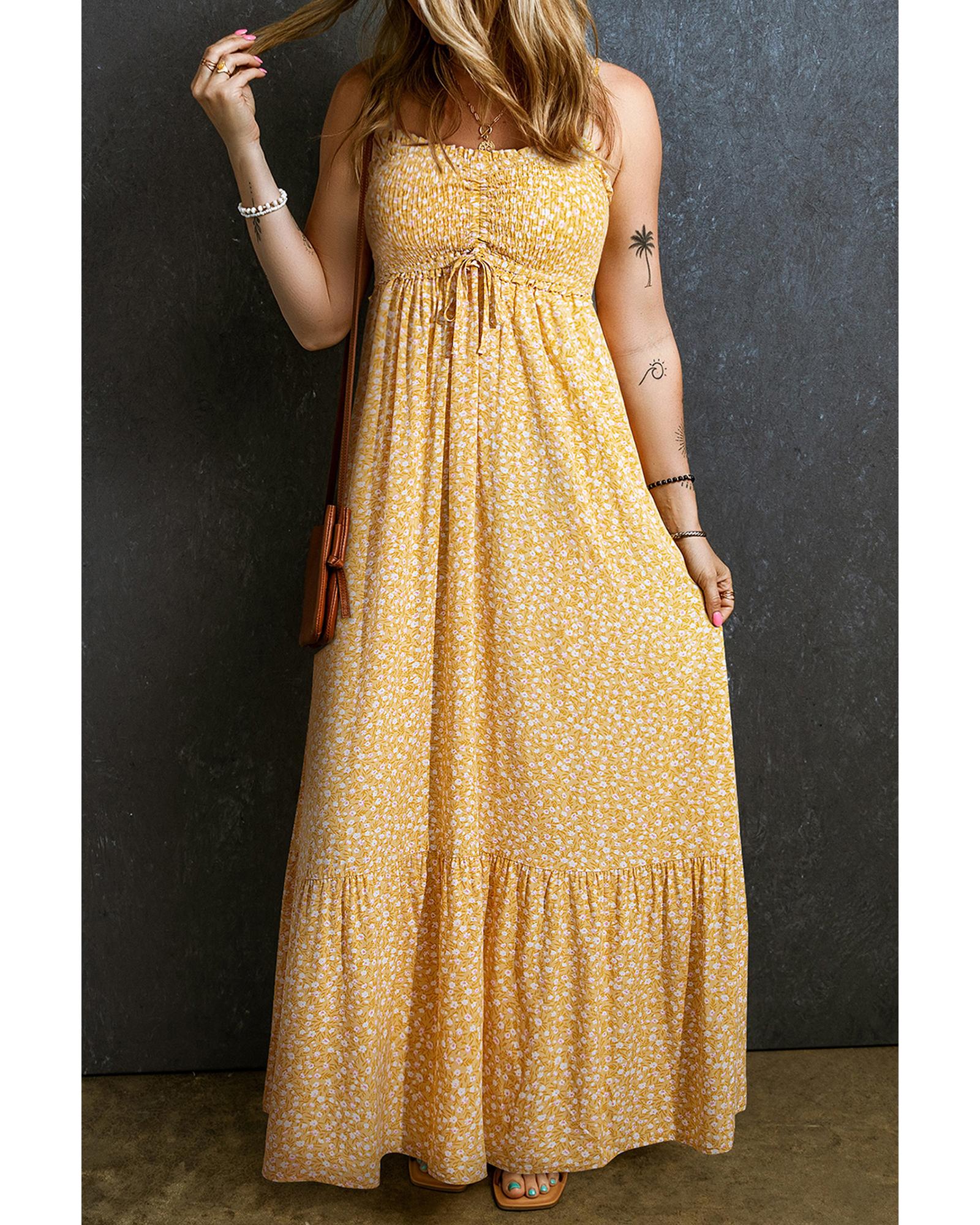 Yellow Frilly Smocked High Waist Floral Maxi Dress - XL 3