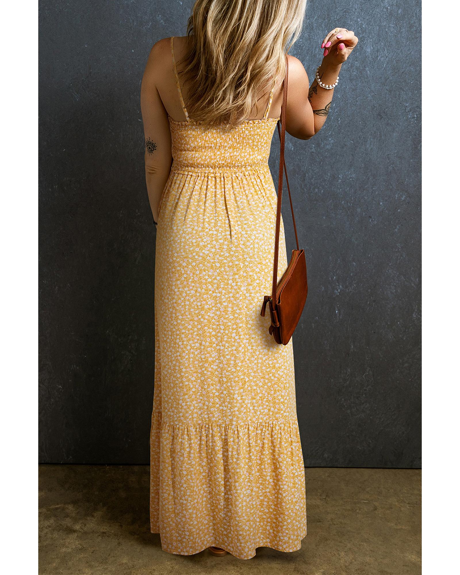 Yellow Frilly Smocked High Waist Floral Maxi Dress - XL 6