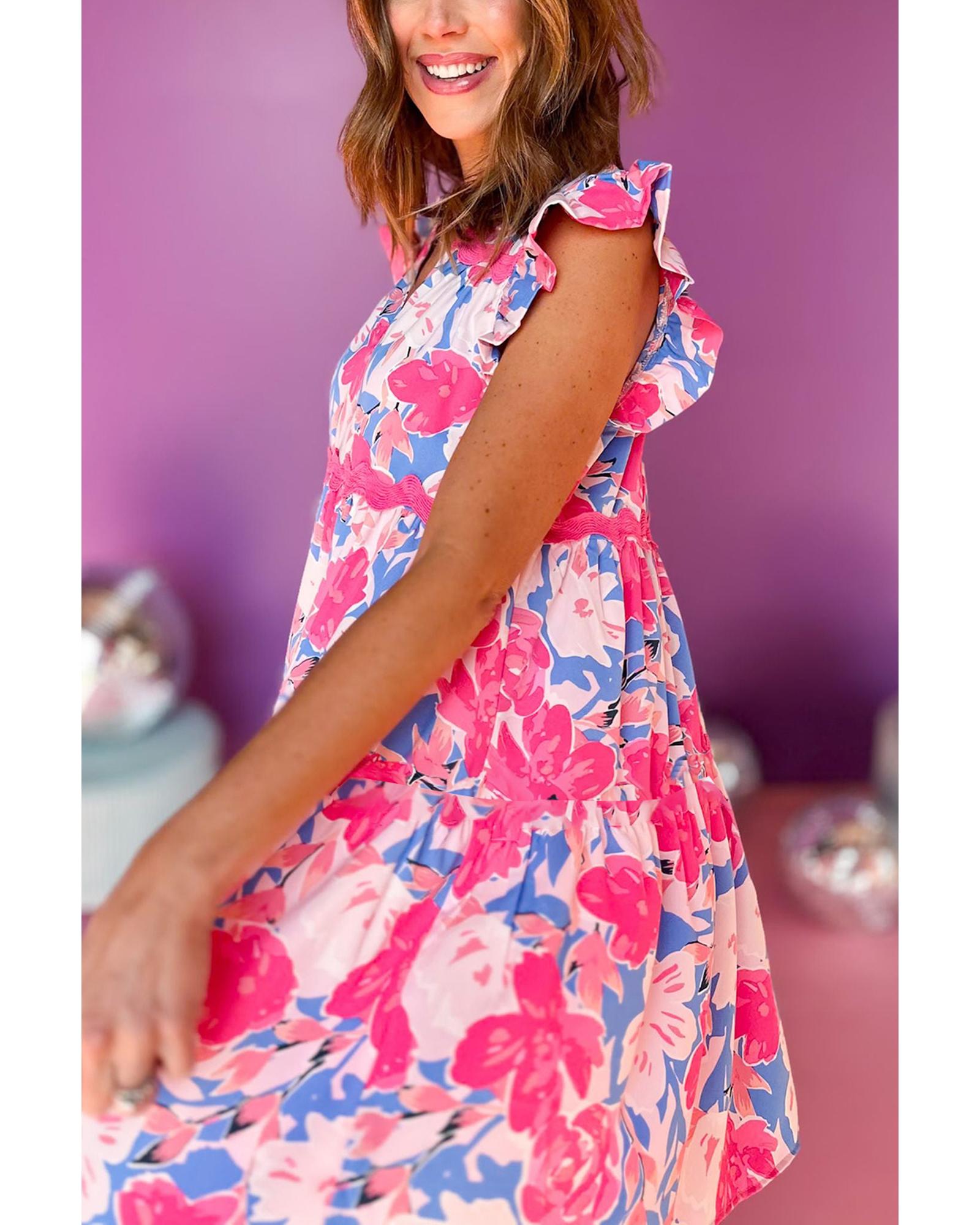 Pink Floral Printed V Notched Ric Rac Flutter Sleeve Dress - XL 3