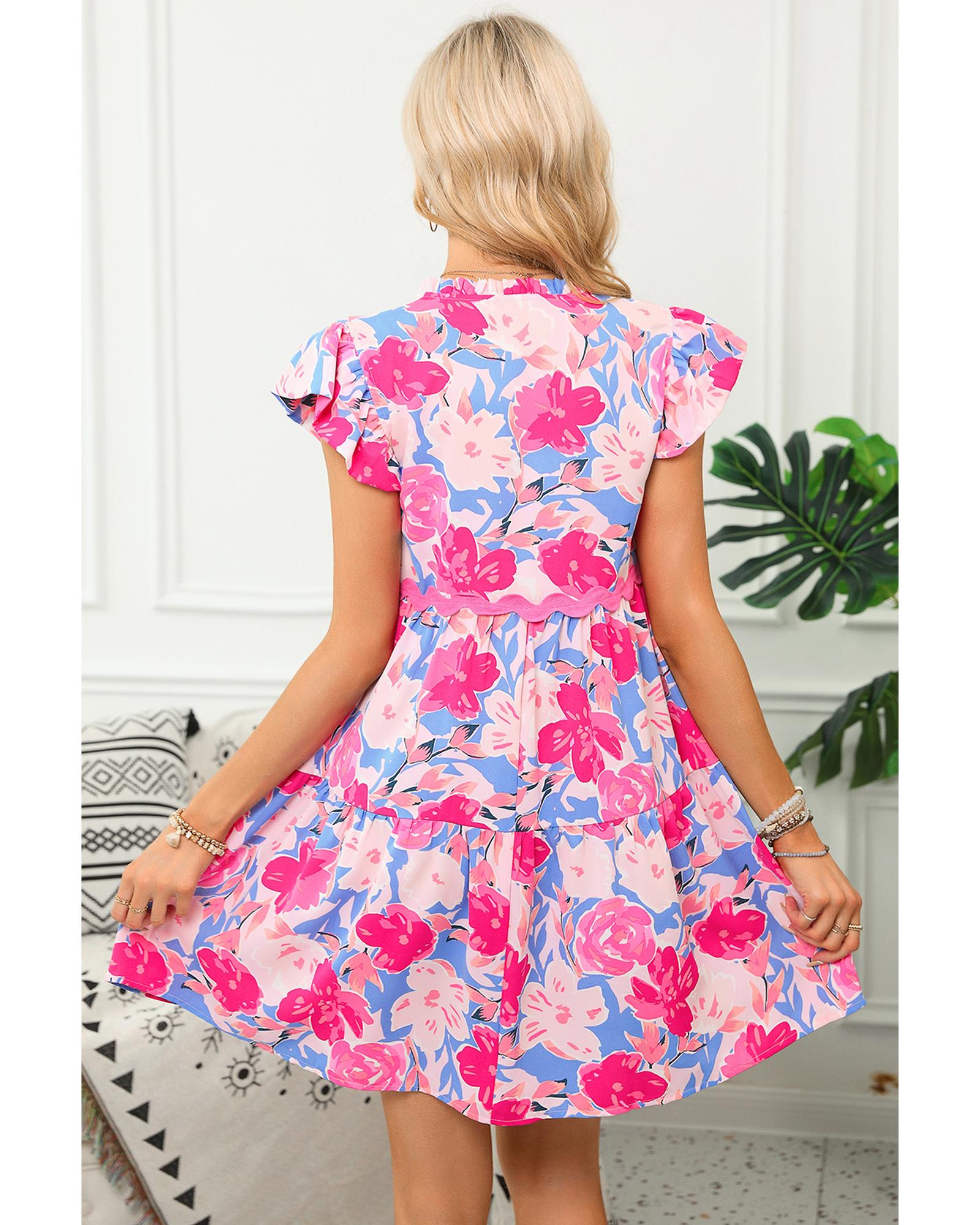 Pink Floral Printed V Notched Ric Rac Flutter Sleeve Dress - XL 4