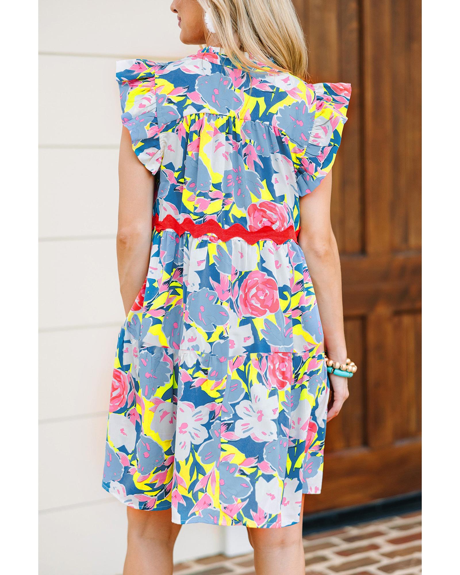 Sky Blue Floral Printed V Notched Ric Rac Flutter Sleeve Dress - L