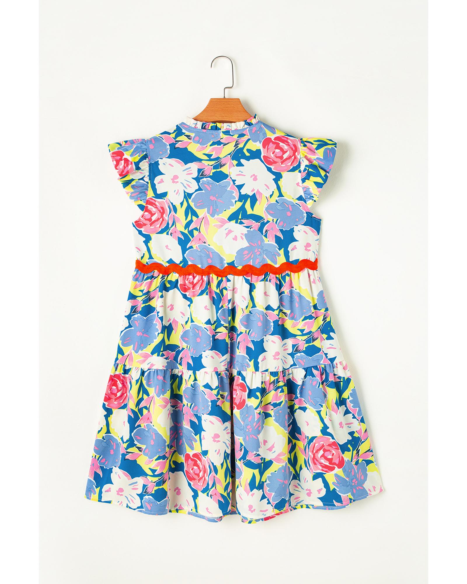 Sky Blue Floral Printed V Notched Ric Rac Flutter Sleeve Dress - L 7