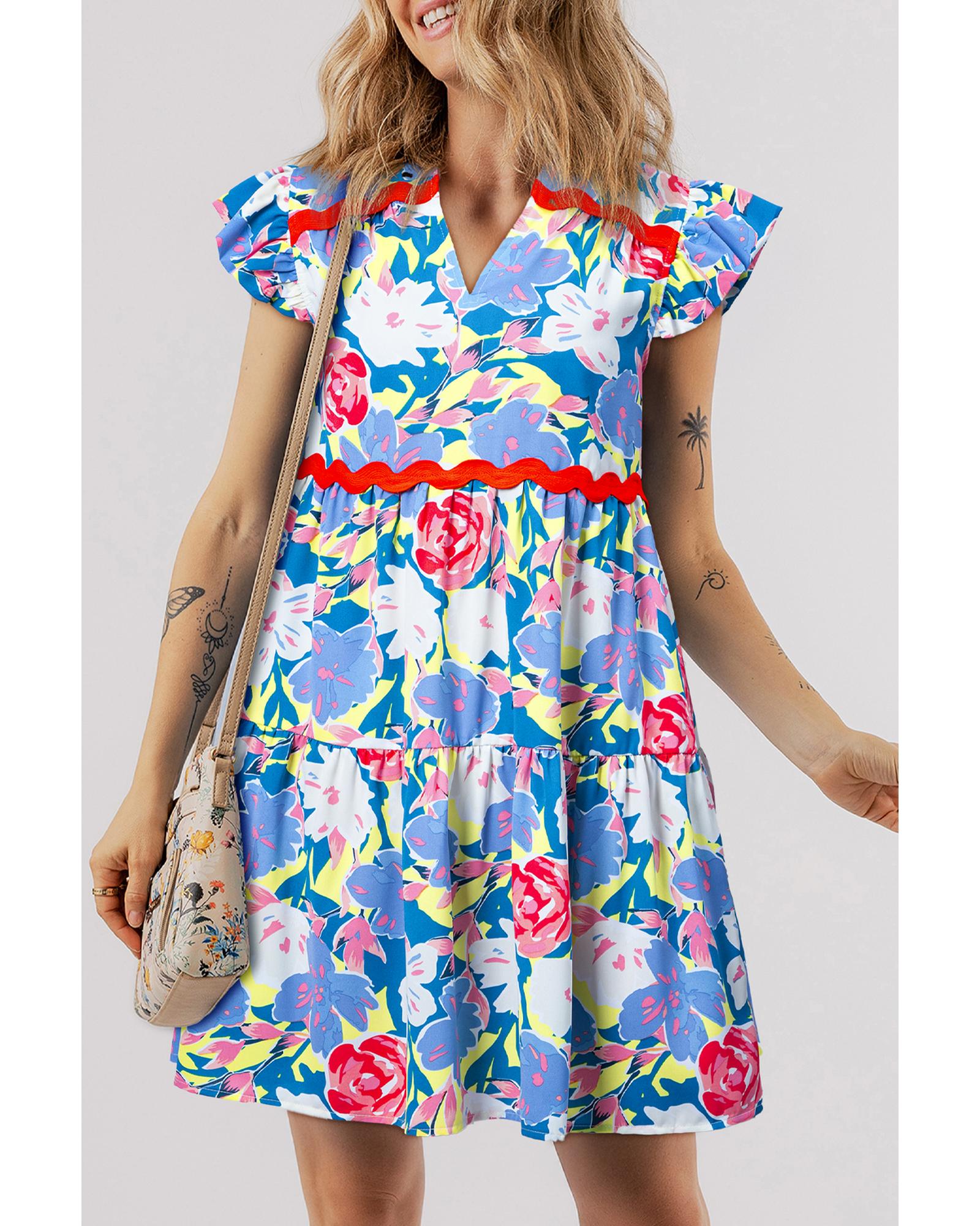 Sky Blue Floral Printed V Notched Ric Rac Flutter Sleeve Dress - M 5